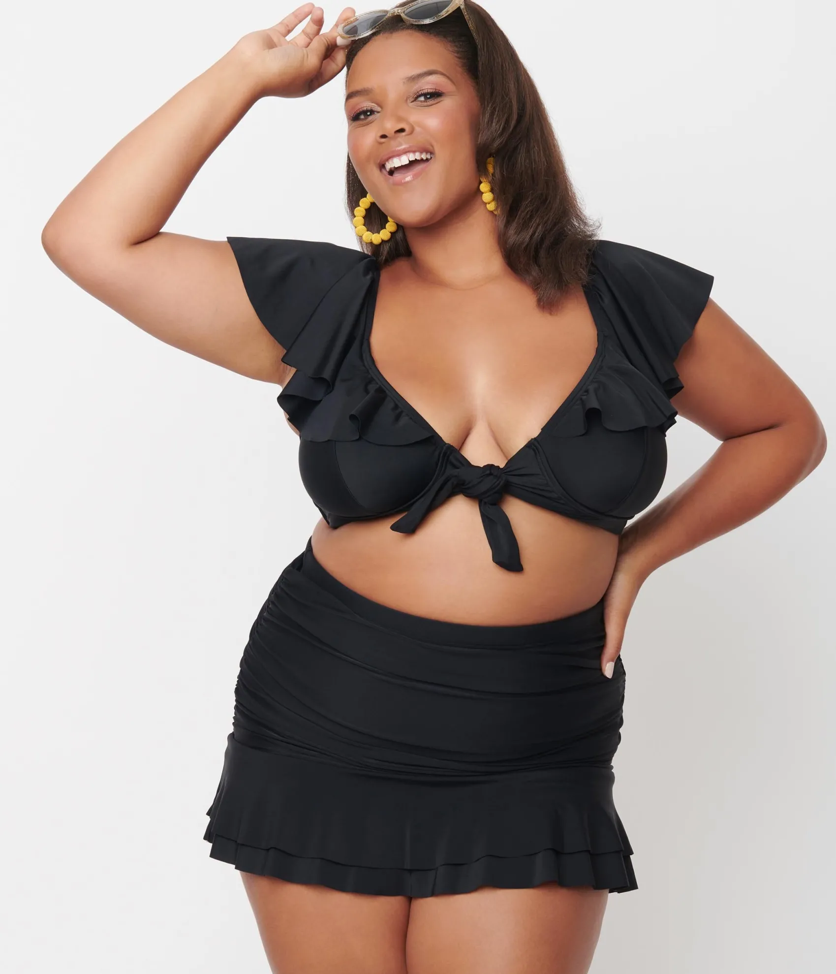 Unique Vintage Plus Size Black Ruffled Cap Sleeve Frida Swim Top Outlet