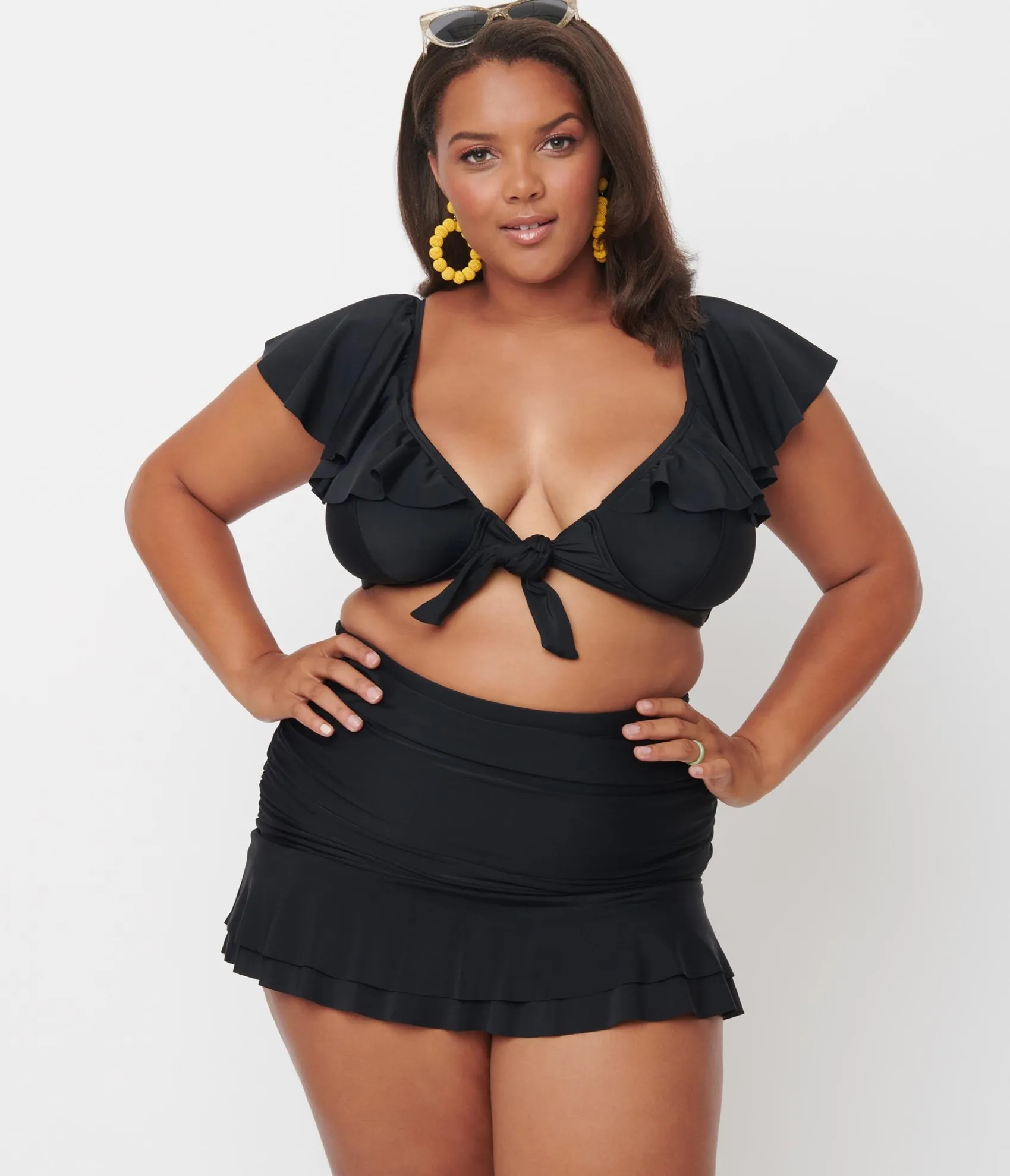 Unique Vintage Plus Size Black Ruffled Cap Sleeve Frida Swim Top Outlet