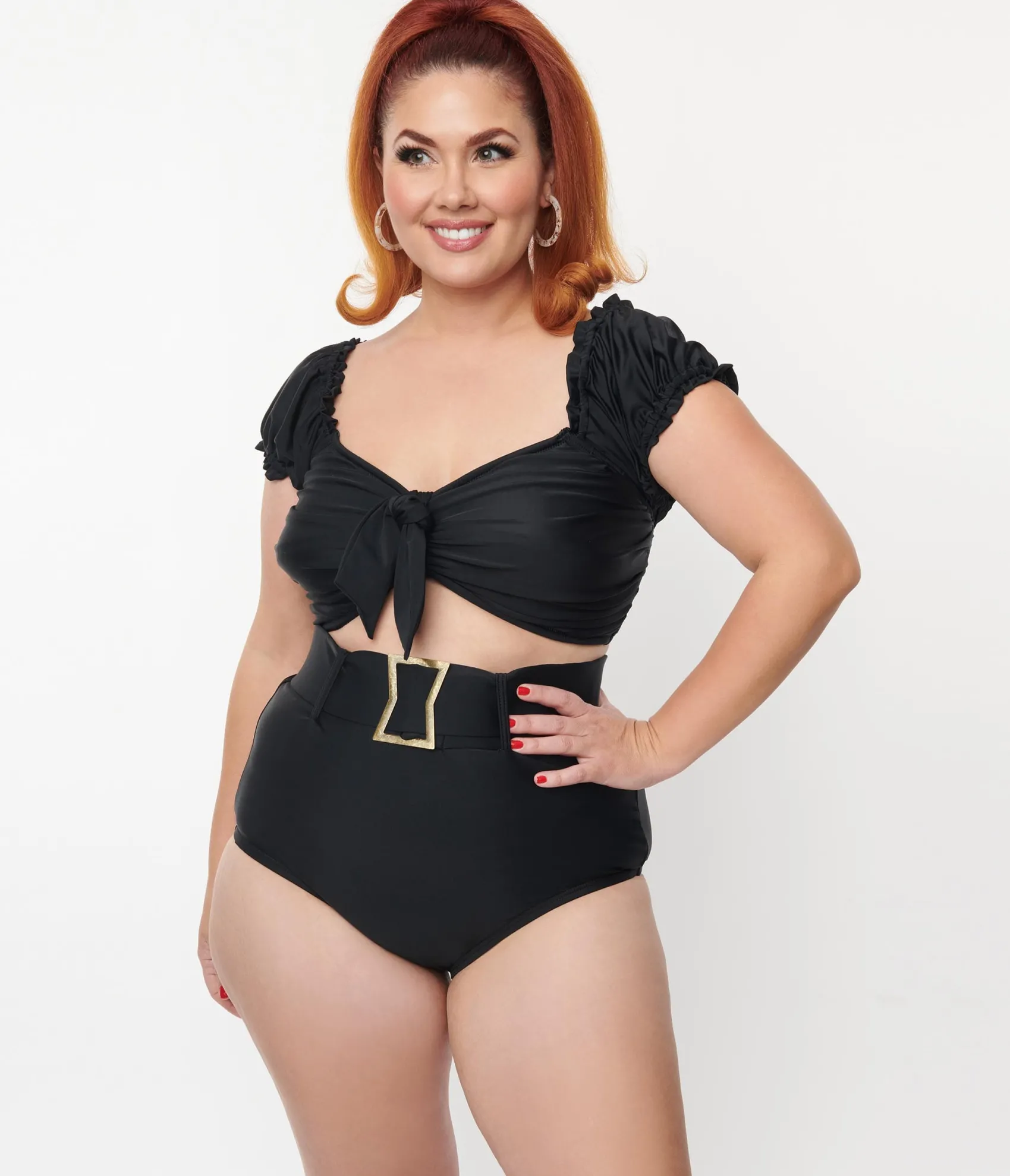 Unique Vintage Plus Size Black Shirred Bow Bandeau Swim Top Sale