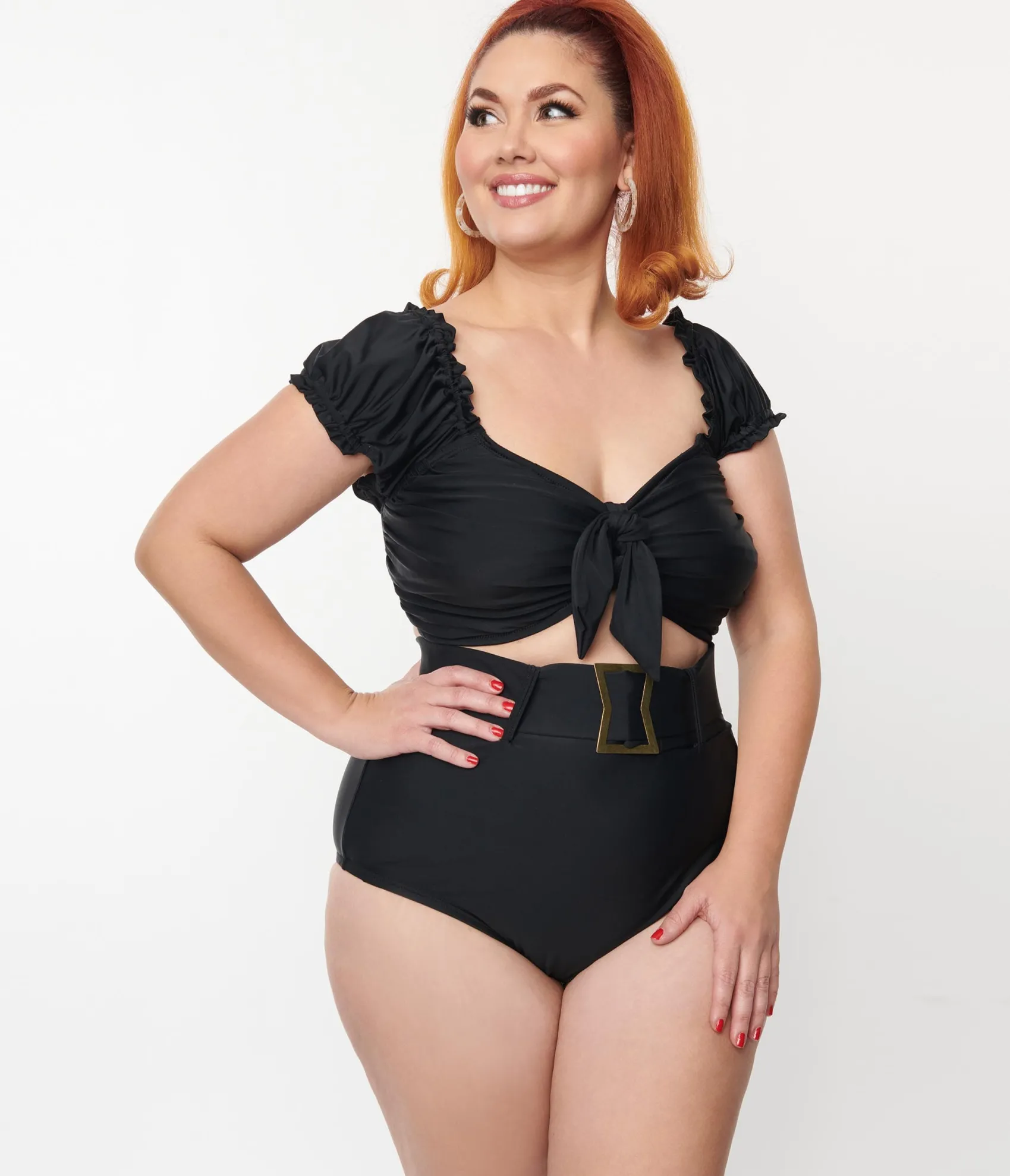 Unique Vintage Plus Size Black Shirred Bow Bandeau Swim Top Sale