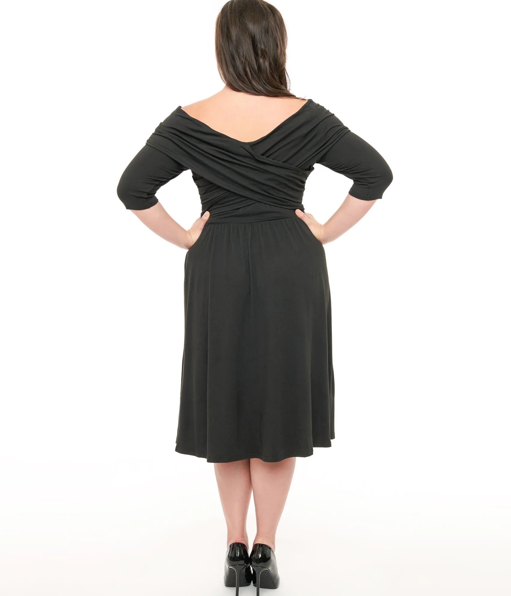 Unique Vintage Plus Size Black Shirred Off Shoulder Swing Dress Best Sale