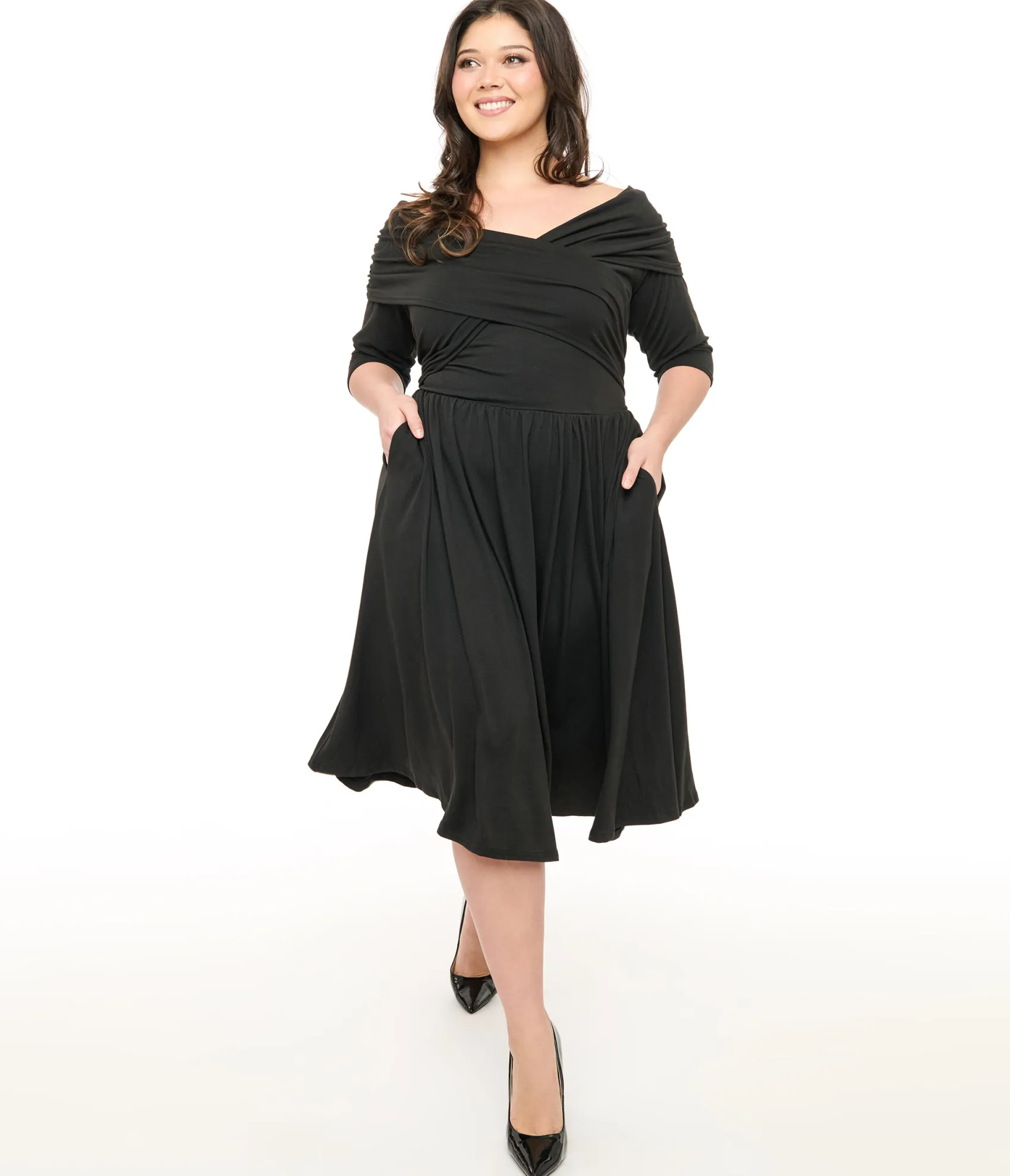 Unique Vintage Plus Size Black Shirred Off Shoulder Swing Dress Best Sale