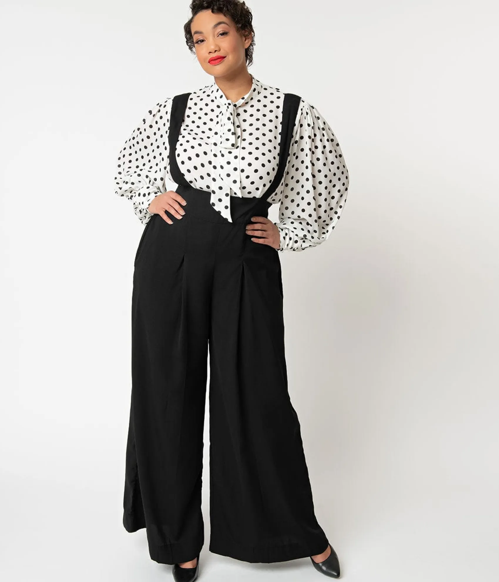 Unique Vintage Plus Size Black Wide Leg Rochelle Suspender Pants Flash Sale
