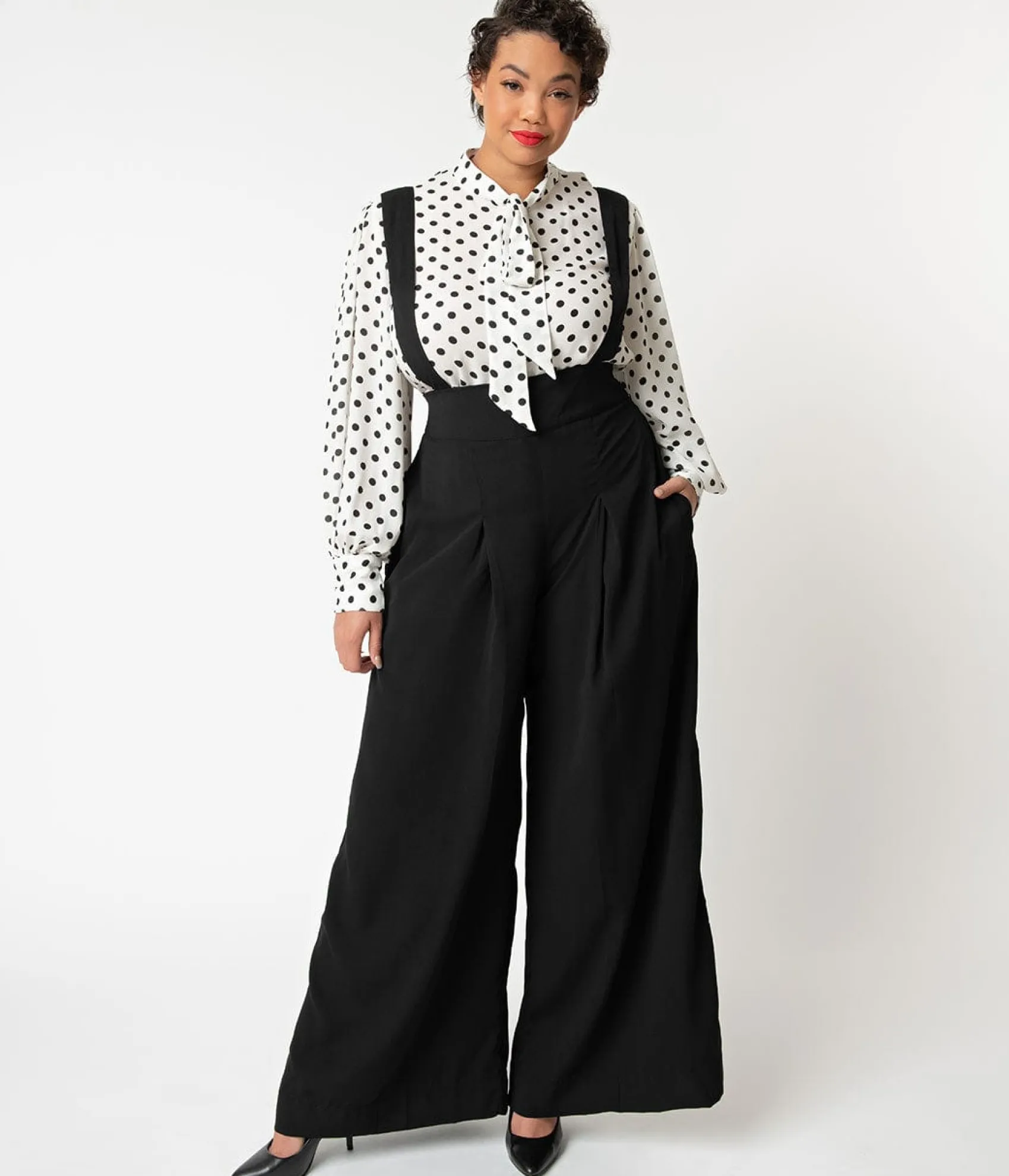 Unique Vintage Plus Size Black Wide Leg Rochelle Suspender Pants Flash Sale