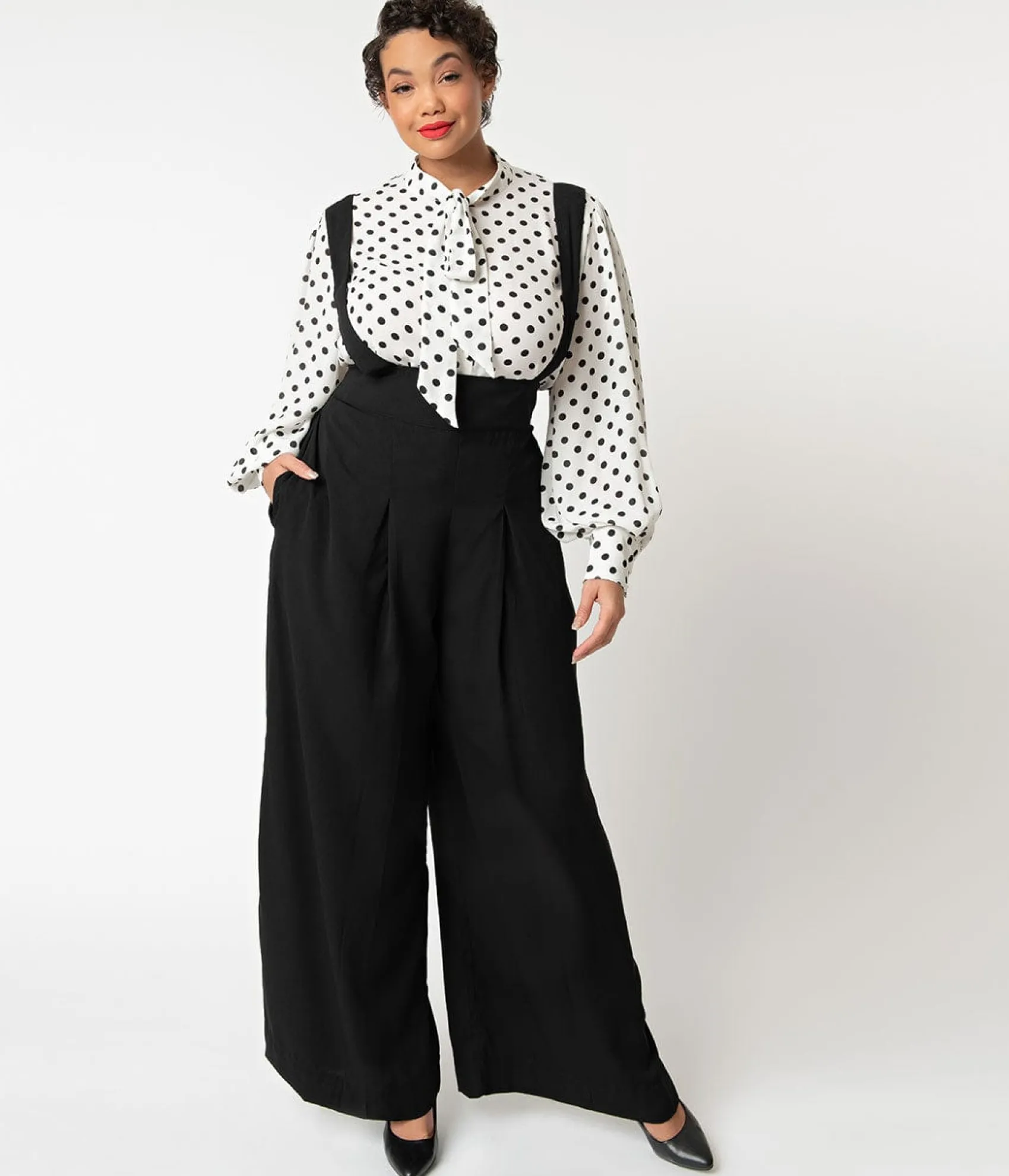 Unique Vintage Plus Size Black Wide Leg Rochelle Suspender Pants Flash Sale
