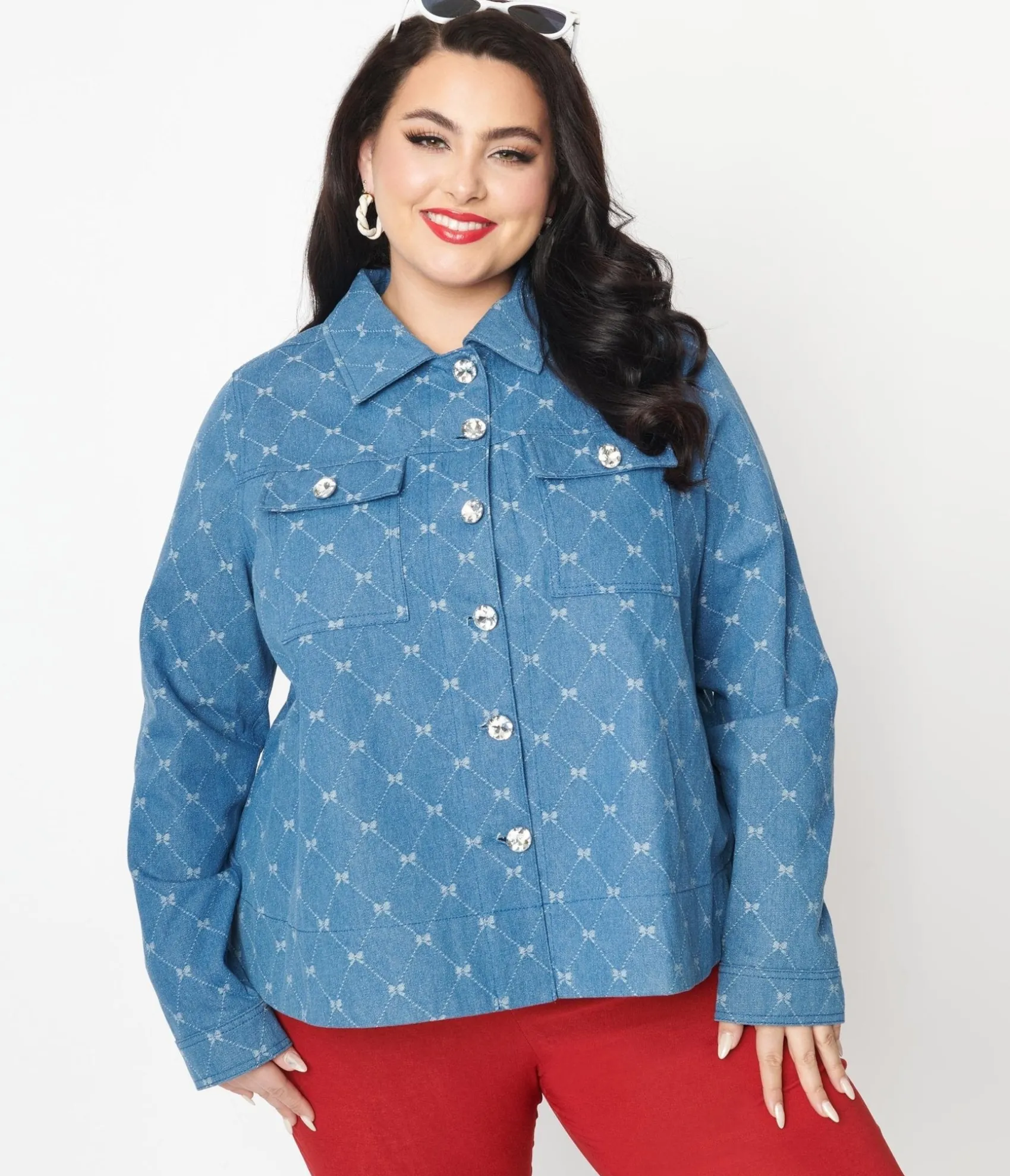 Unique Vintage Plus Size Blue Bow Denim Jacket Hot