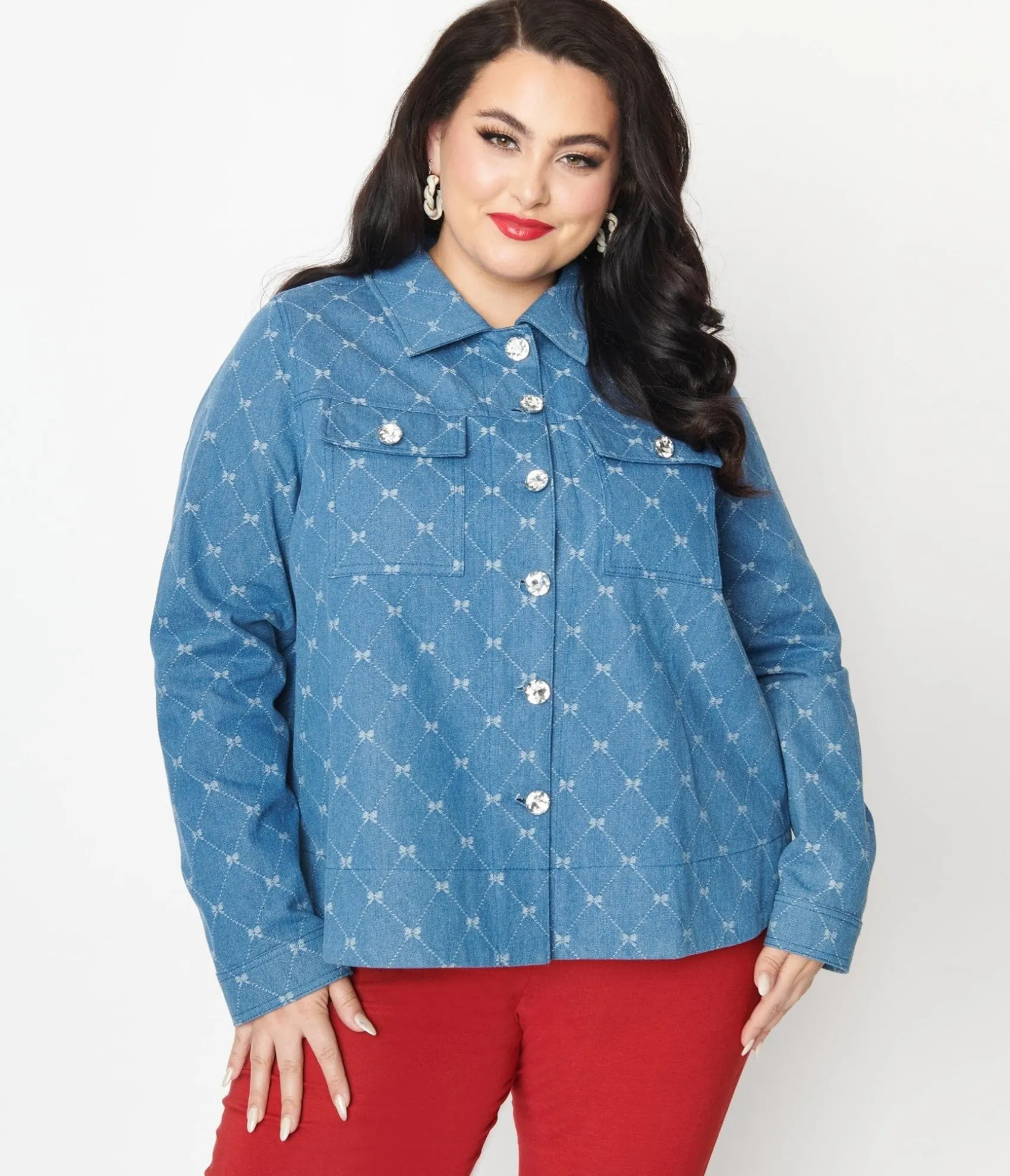 Unique Vintage Plus Size Blue Bow Denim Jacket Hot
