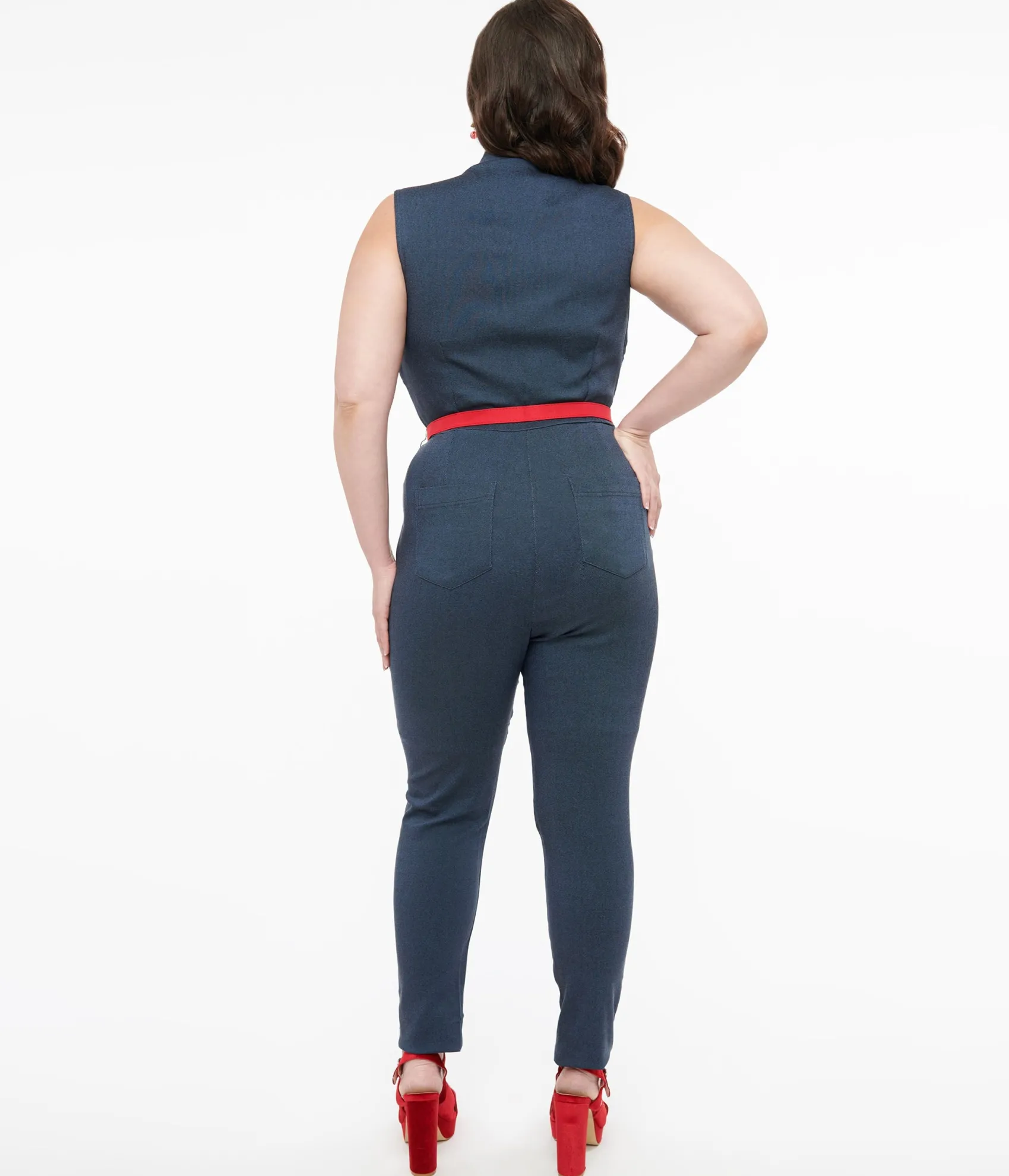 Unique Vintage Plus Size Blue Denim & Red Belt Skinny Jumpsuit Online