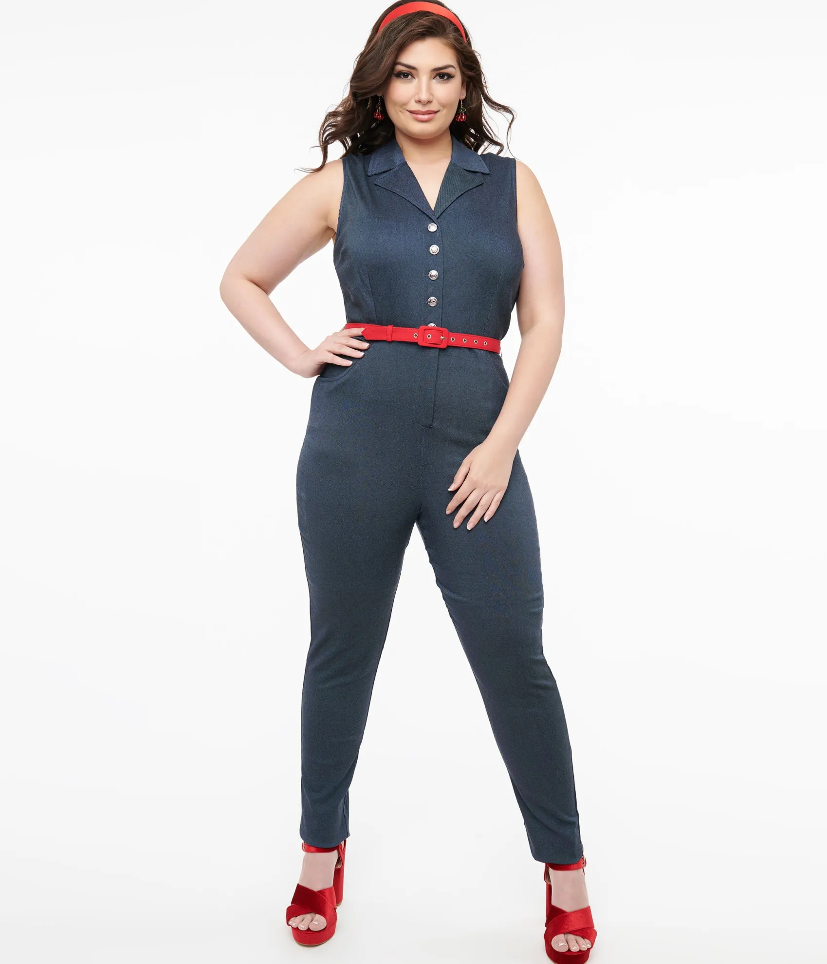 Unique Vintage Plus Size Blue Denim & Red Belt Skinny Jumpsuit Online