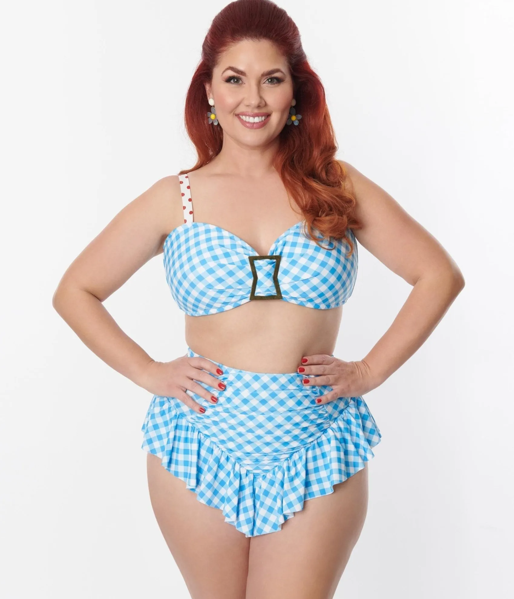 Unique Vintage Plus Size Blue Gingham Buckle Swim Top Fashion