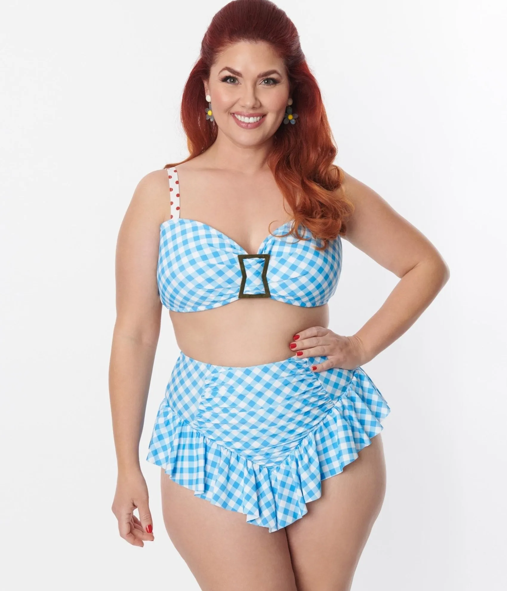 Unique Vintage Plus Size Blue Gingham Buckle Swim Top Fashion