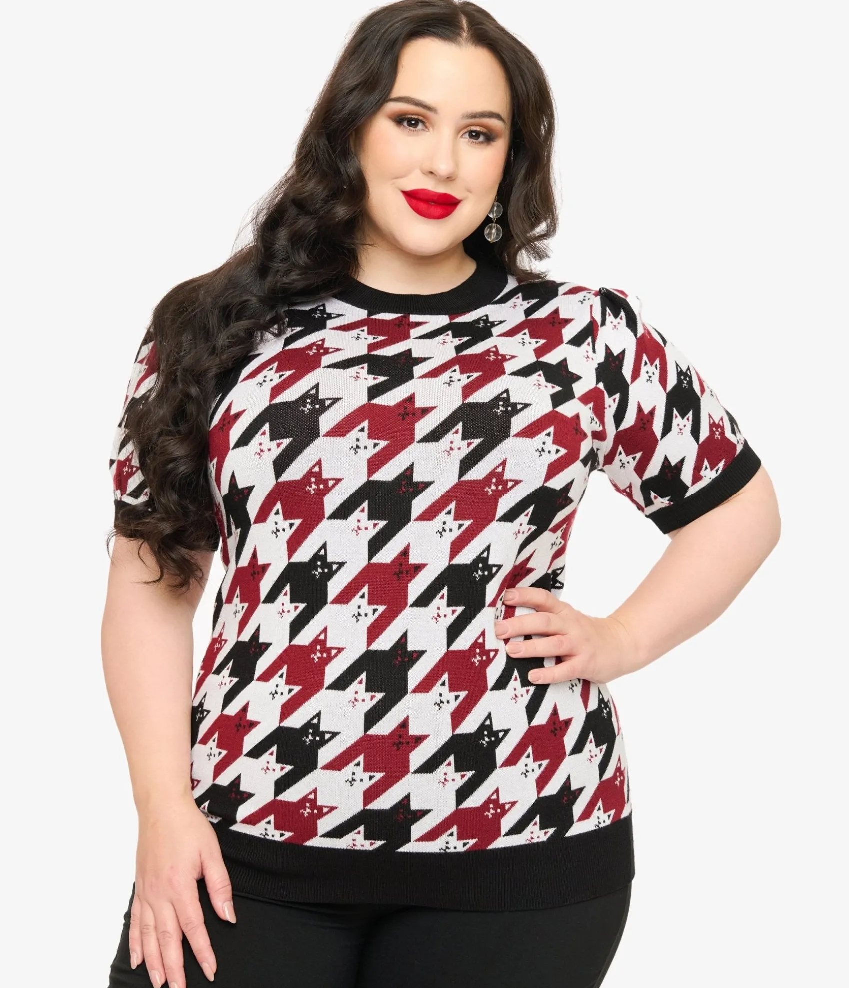 Unique Vintage Plus Size Burgundy & Black Cat Houndstooth Paige Sweater Shop