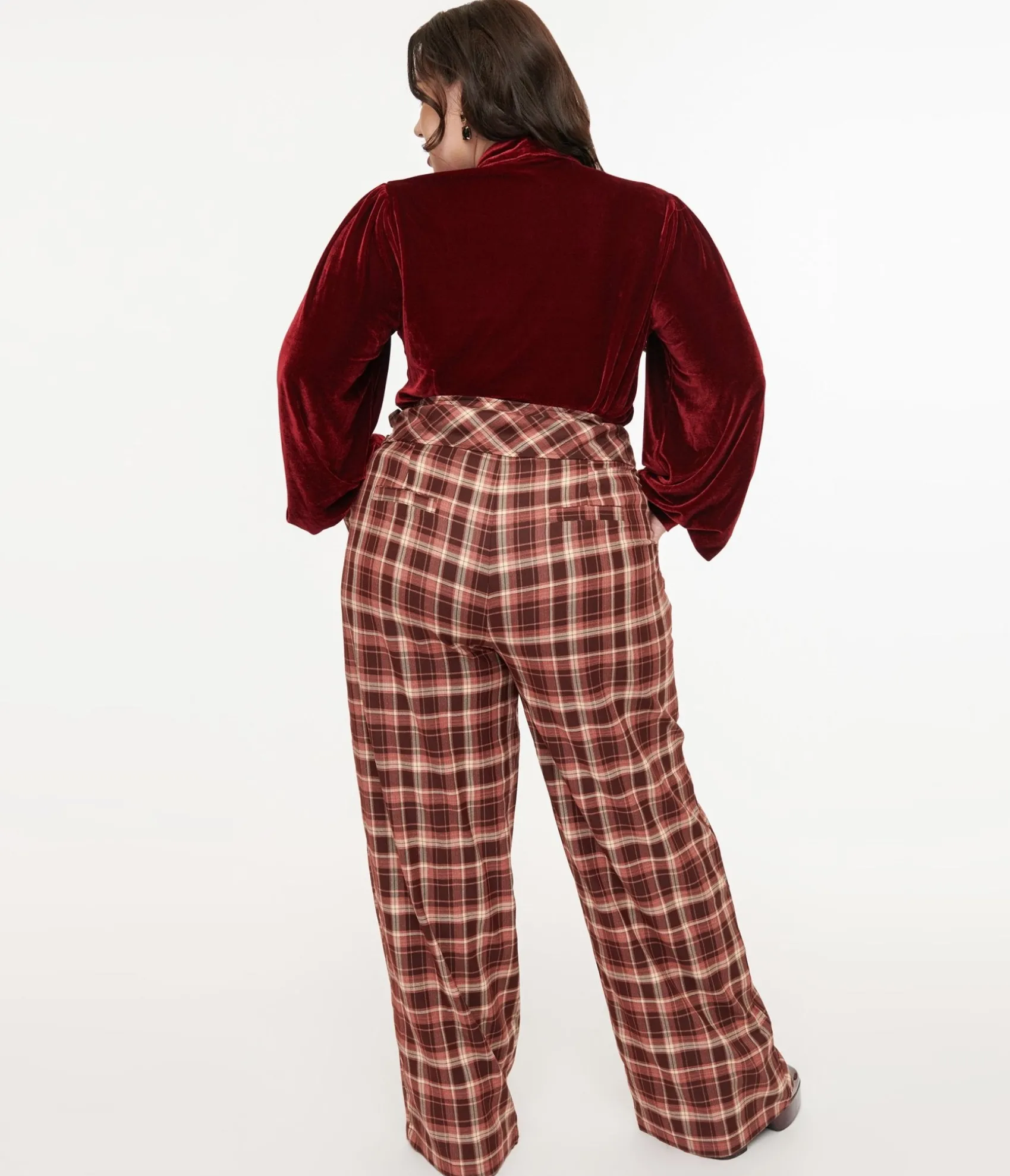 Unique Vintage Plus Size Burgundy Plaid Double Belt Woven Pants Fashion
