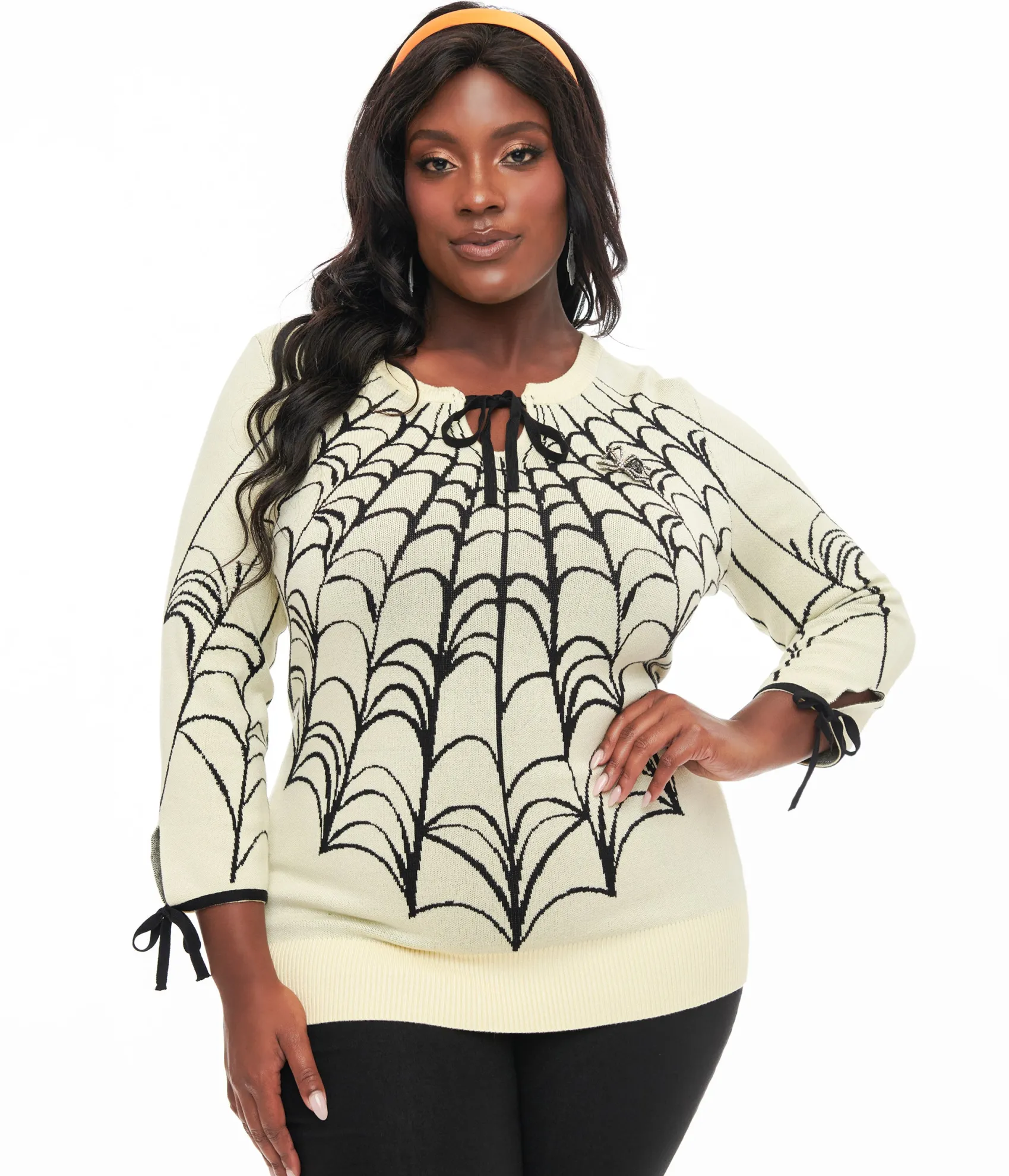 Unique Vintage Plus Size Cream & Black Spiderweb Keyhole Sweater Best Sale