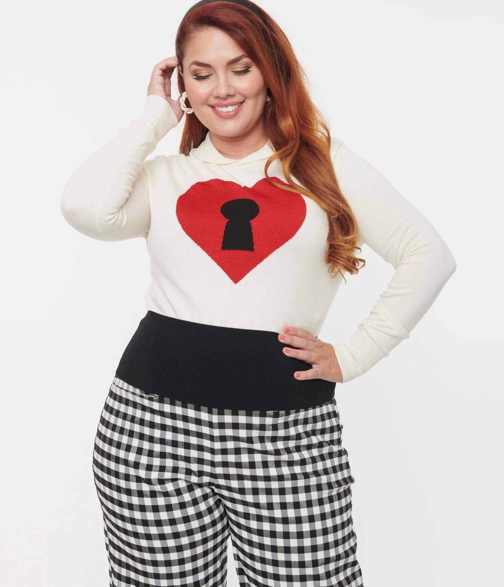 Unique Vintage Plus Size Cream & Red Locked Heart Sweater Outlet