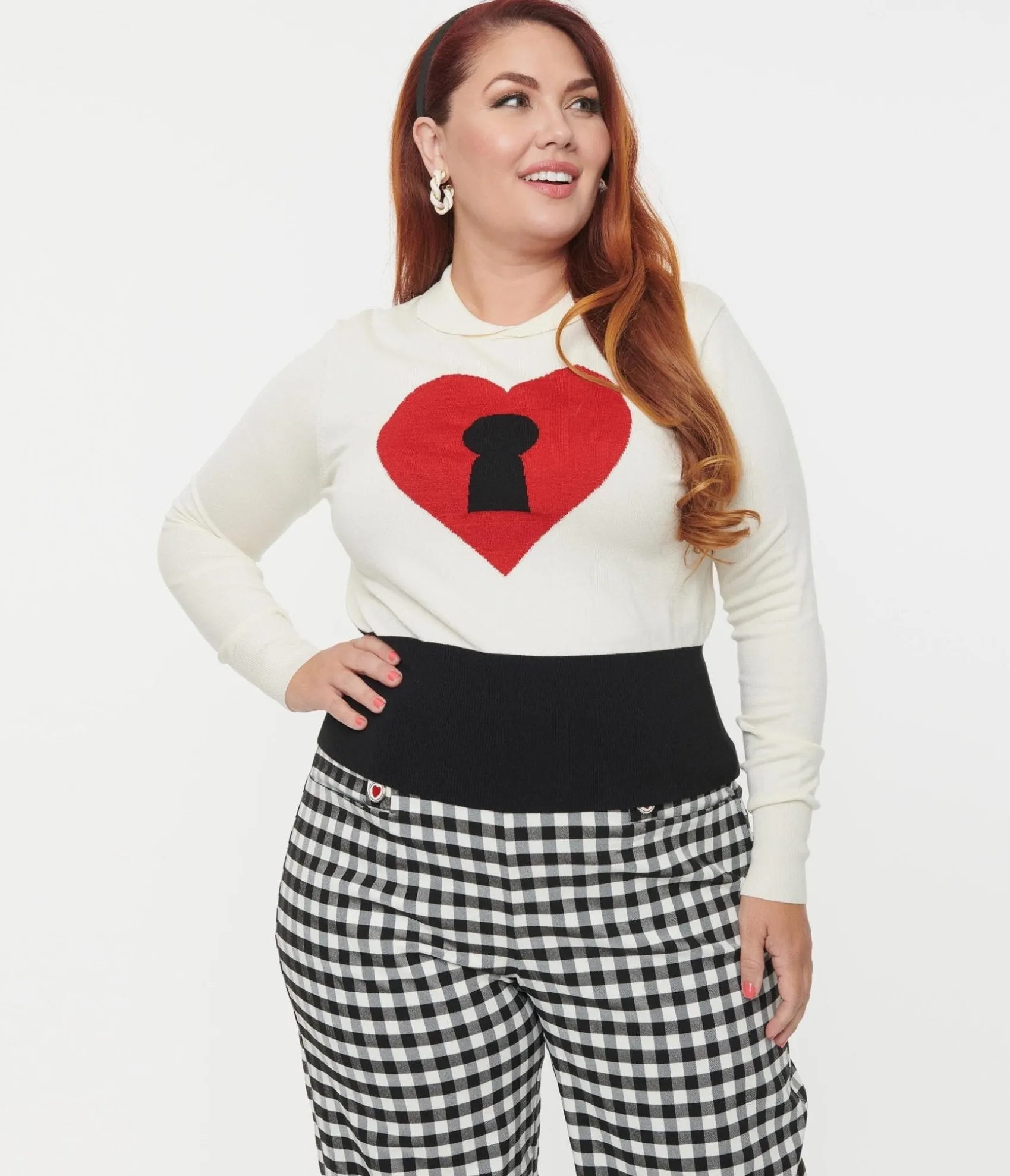 Unique Vintage Plus Size Cream & Red Locked Heart Sweater Outlet