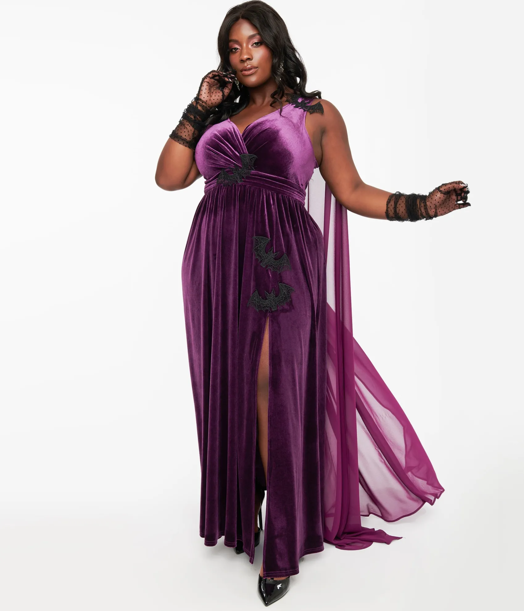 Unique Vintage Plus Size Eggplant & Black Bat Velvet Cape Gown Online