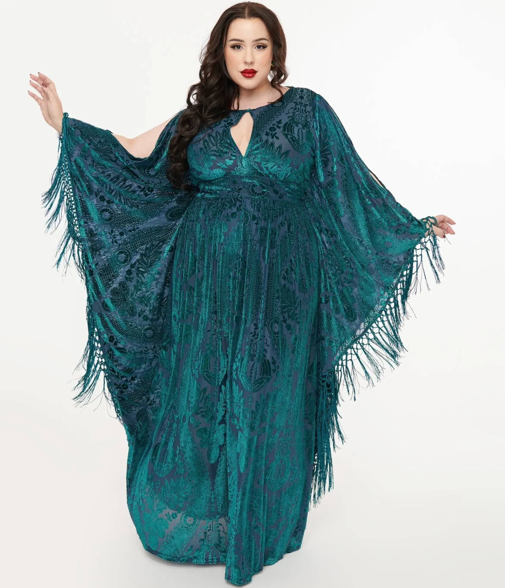 Unique Vintage Plus Size Emerald Floral Fringe Flutter Sleeve Caftan Online