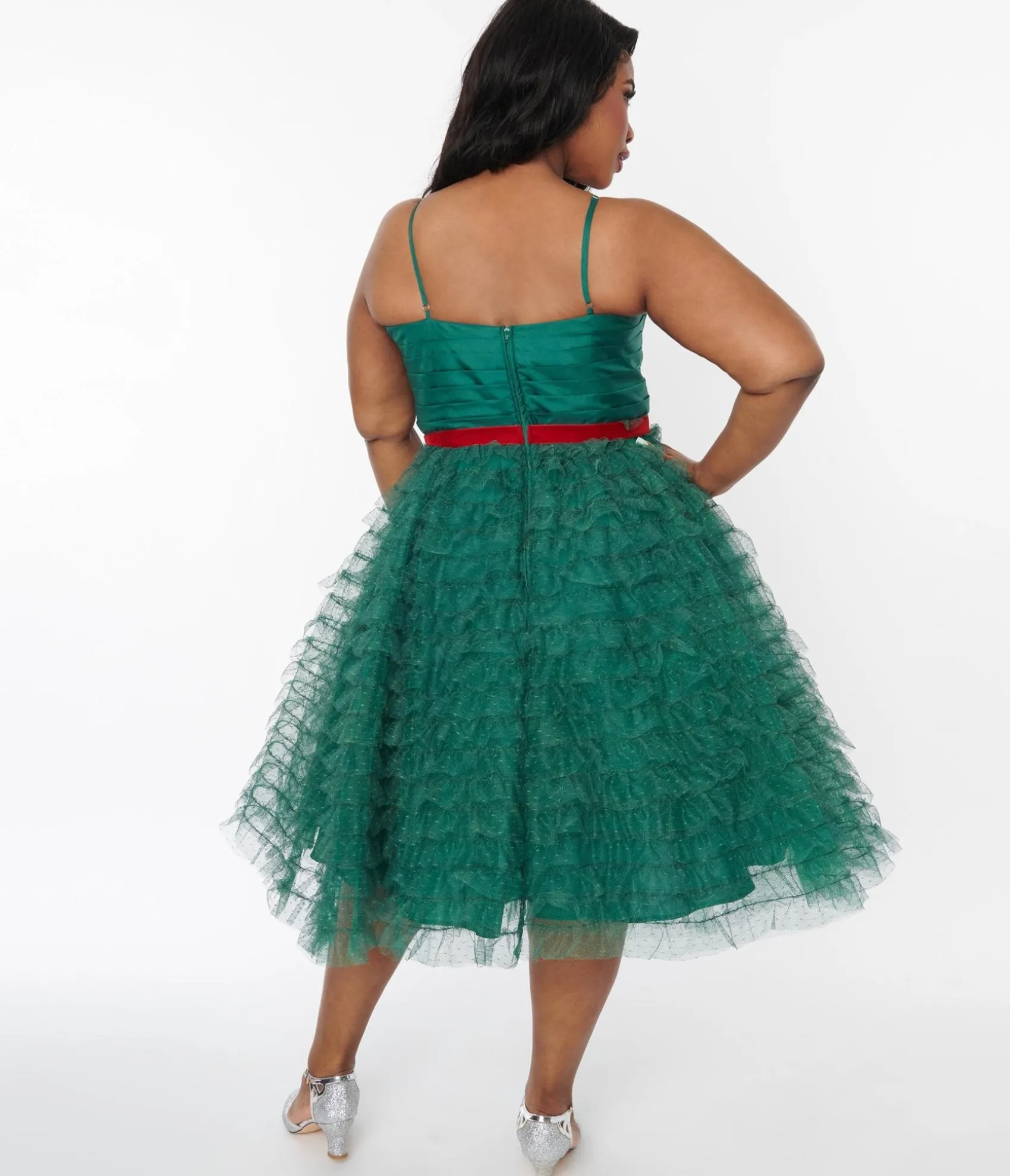 Unique Vintage Plus Size Emerald Green & Red Ribbon Tulle Cupcake Swing Dress Online