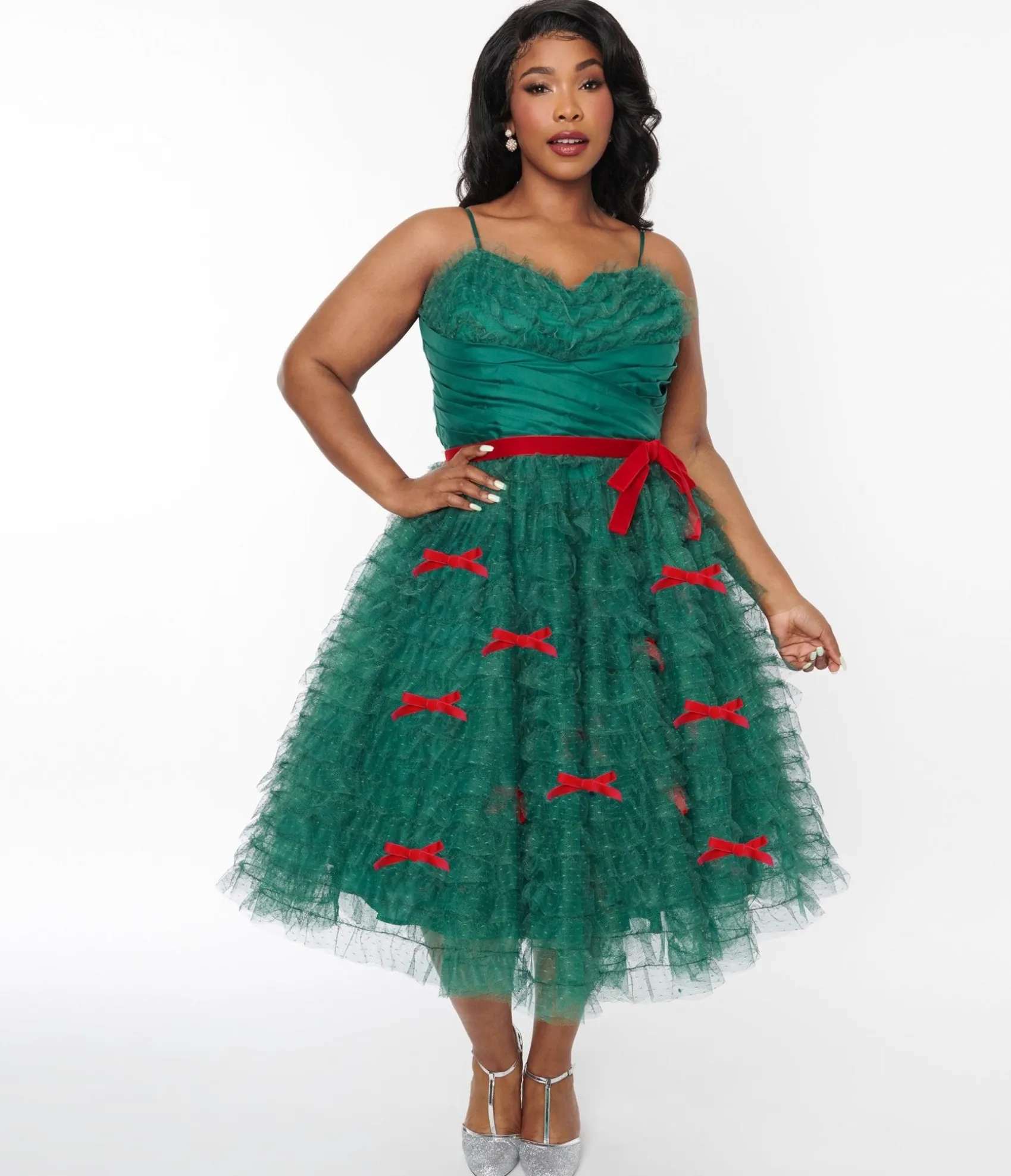 Unique Vintage Plus Size Emerald Green & Red Ribbon Tulle Cupcake Swing Dress Online