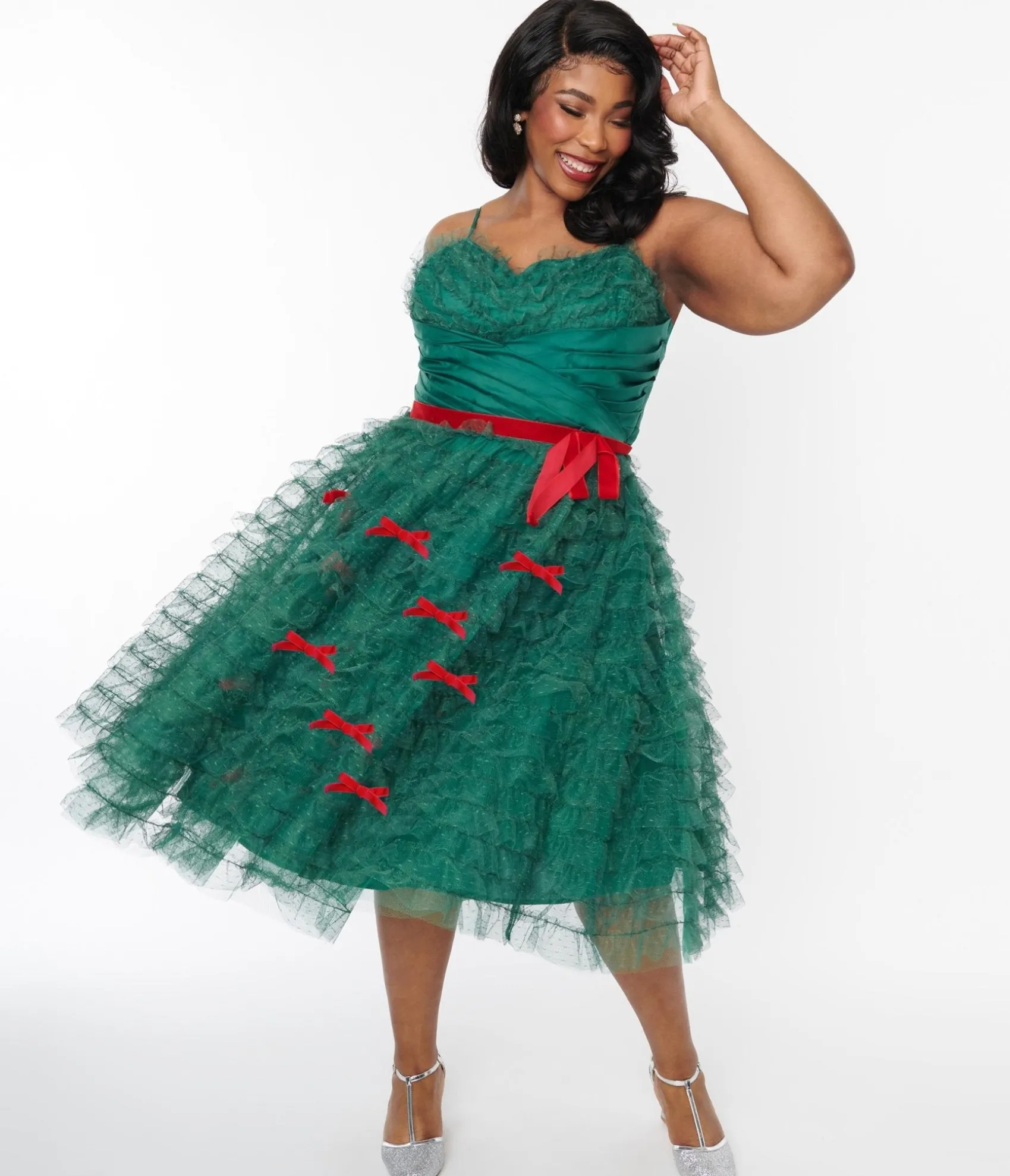 Unique Vintage Plus Size Emerald Green & Red Ribbon Tulle Cupcake Swing Dress Online