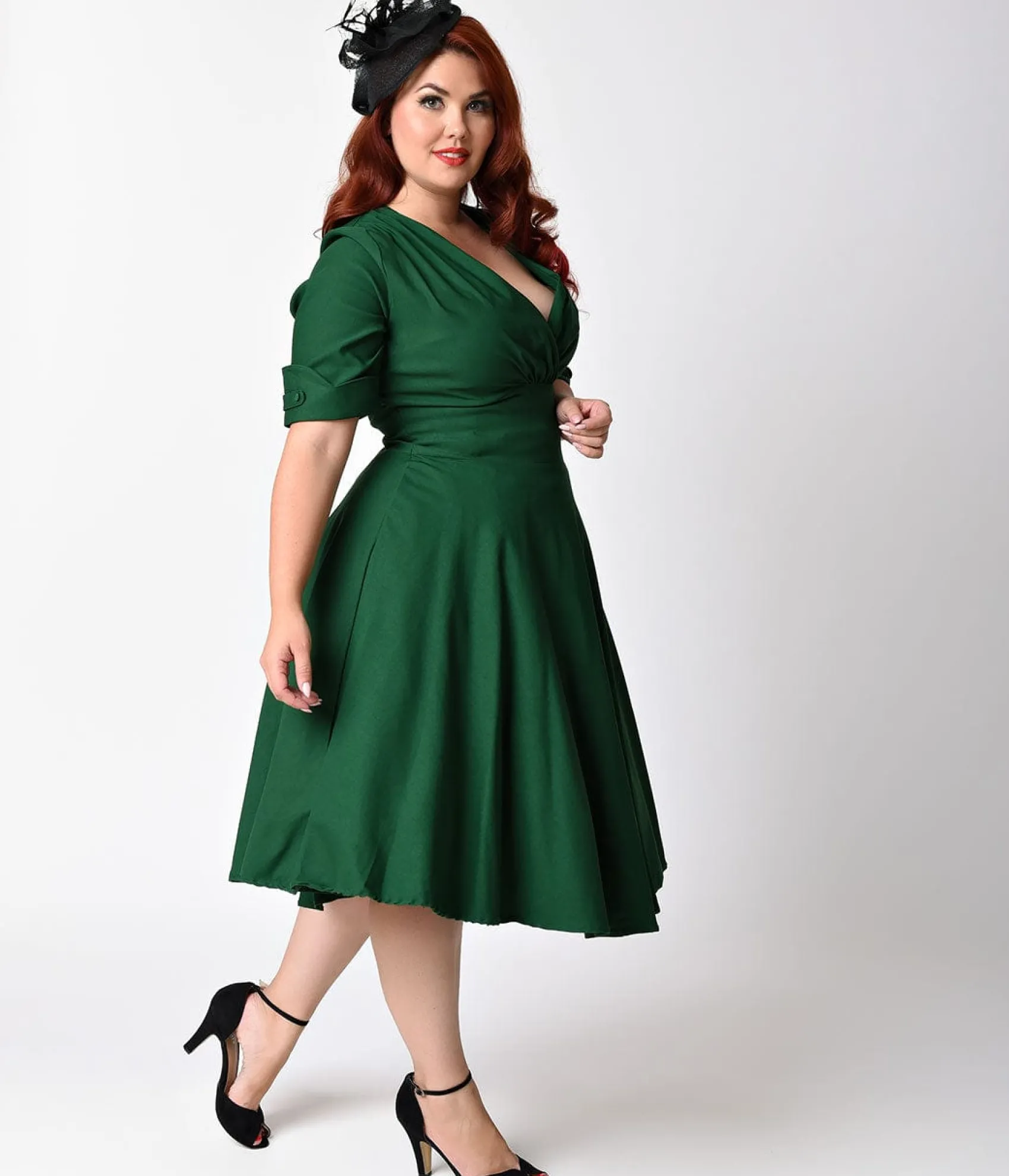 Unique Vintage Plus Size Emerald Green Delores Swing Dress with Sleeves Best Sale