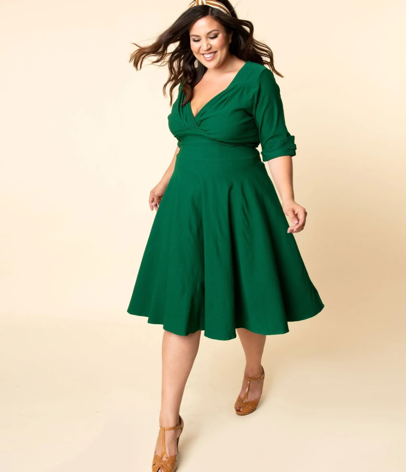 Unique Vintage Plus Size Emerald Green Delores Swing Dress with Sleeves Best Sale
