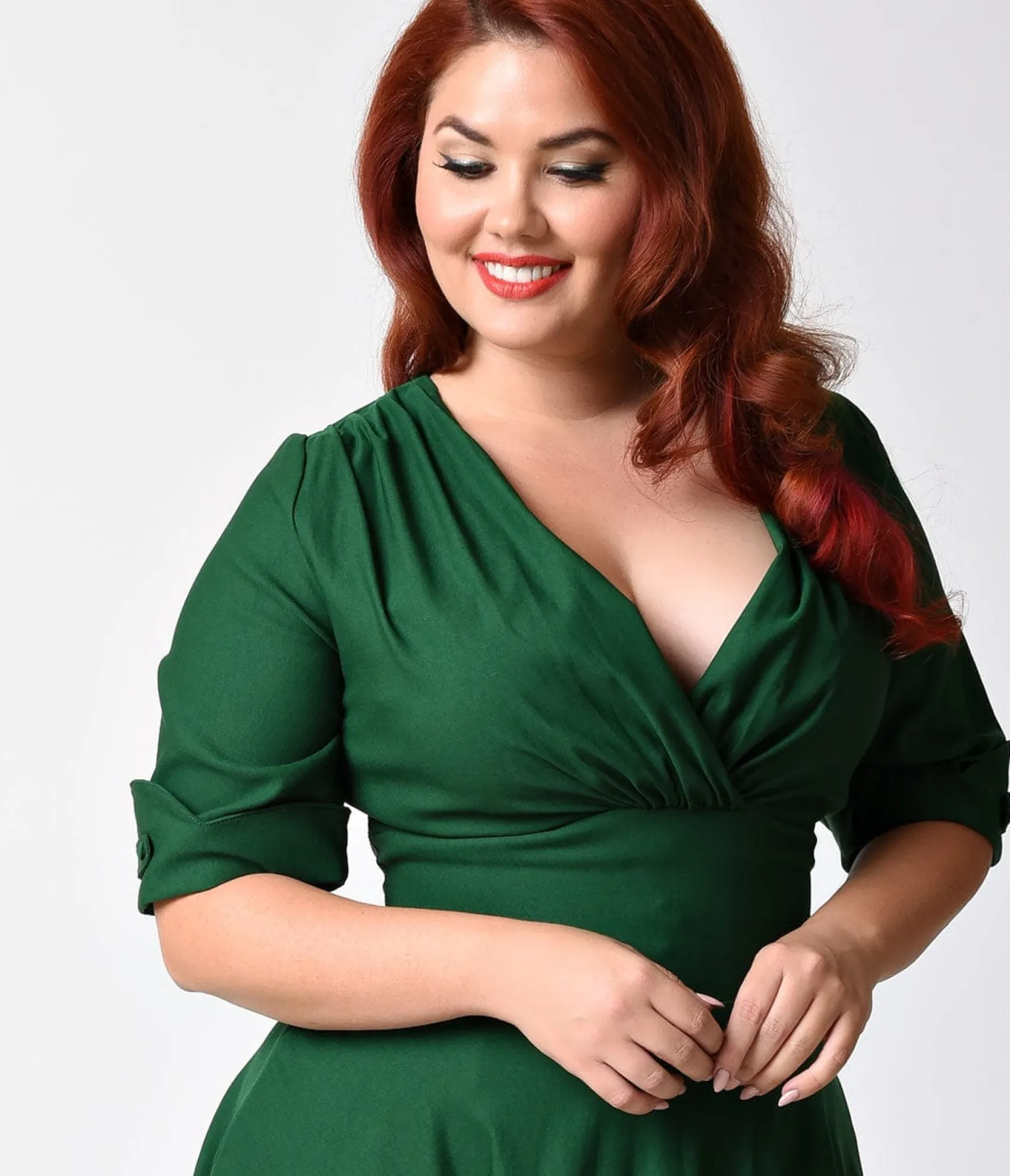 Unique Vintage Plus Size Emerald Green Delores Swing Dress with Sleeves Best Sale