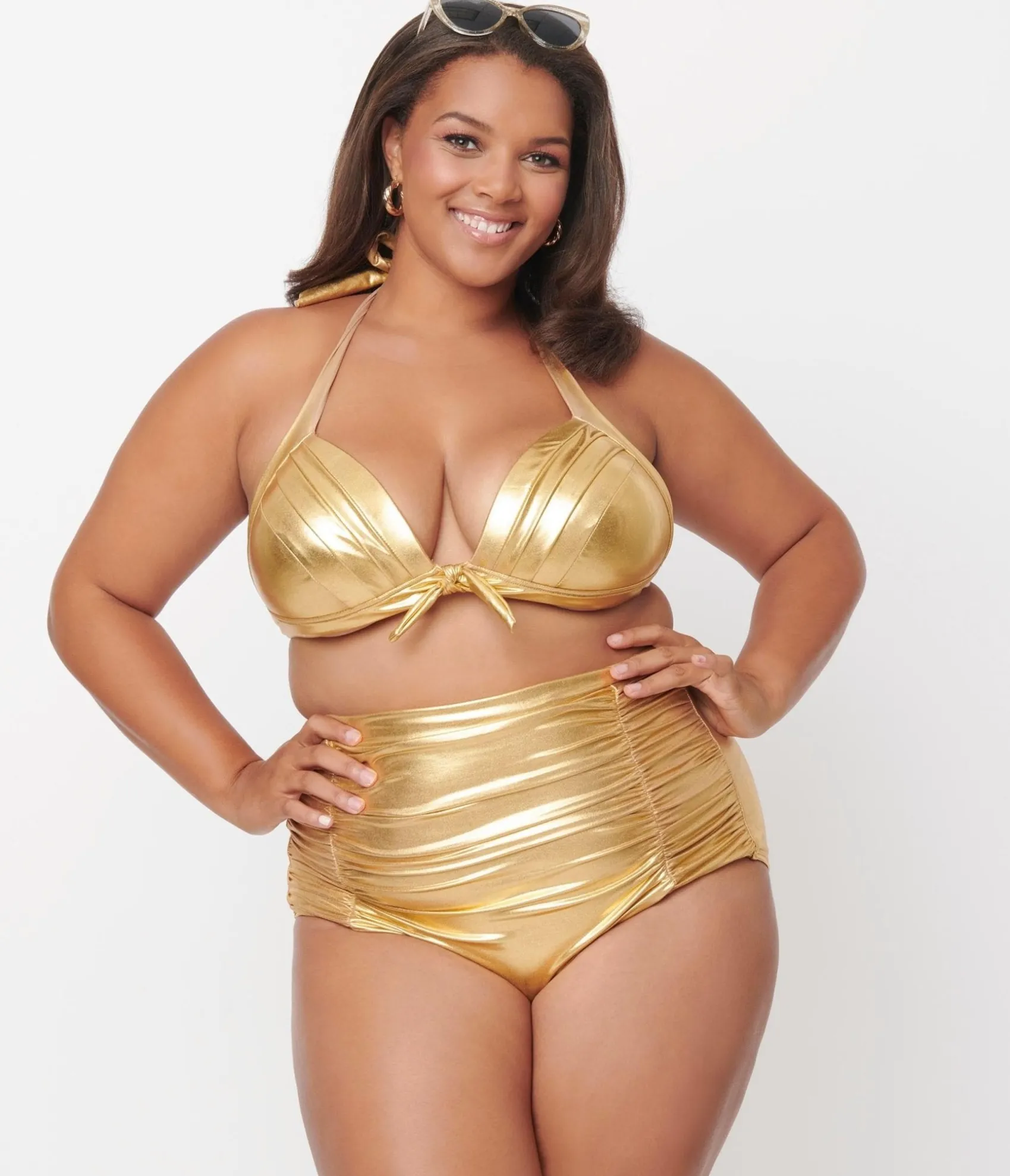 Unique Vintage Plus Size Gold Monroe Halter Swim Top Cheap