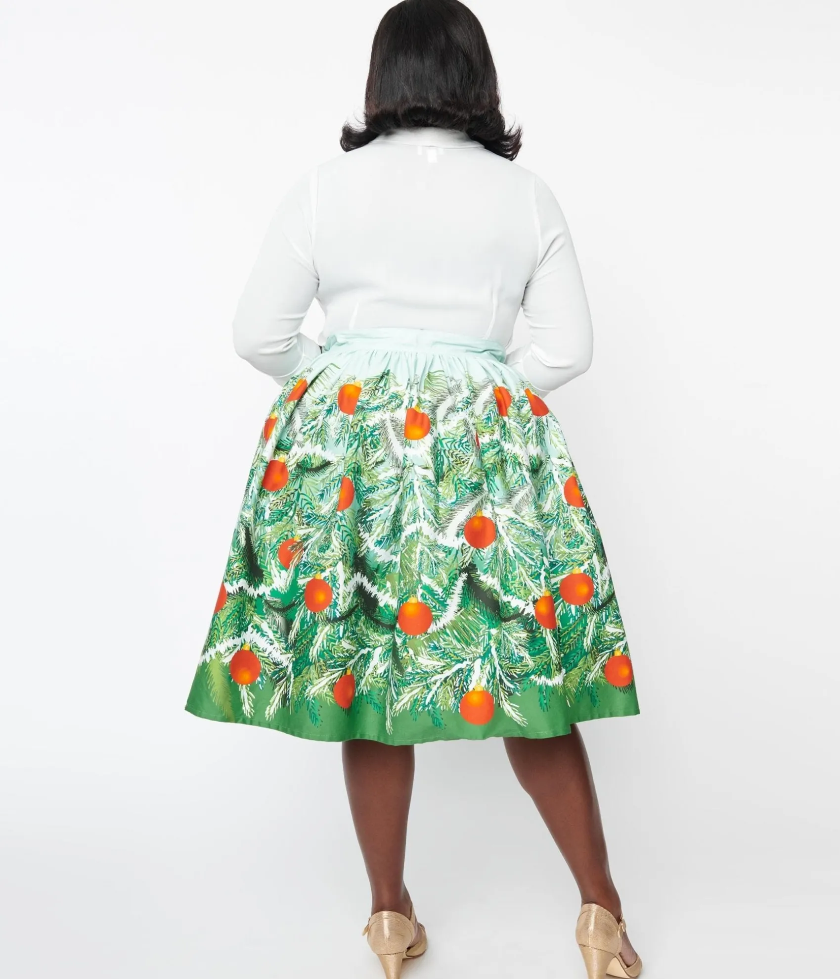 Unique Vintage Plus Size Green Evergreen & Red Ornaments Swing Skirt Clearance