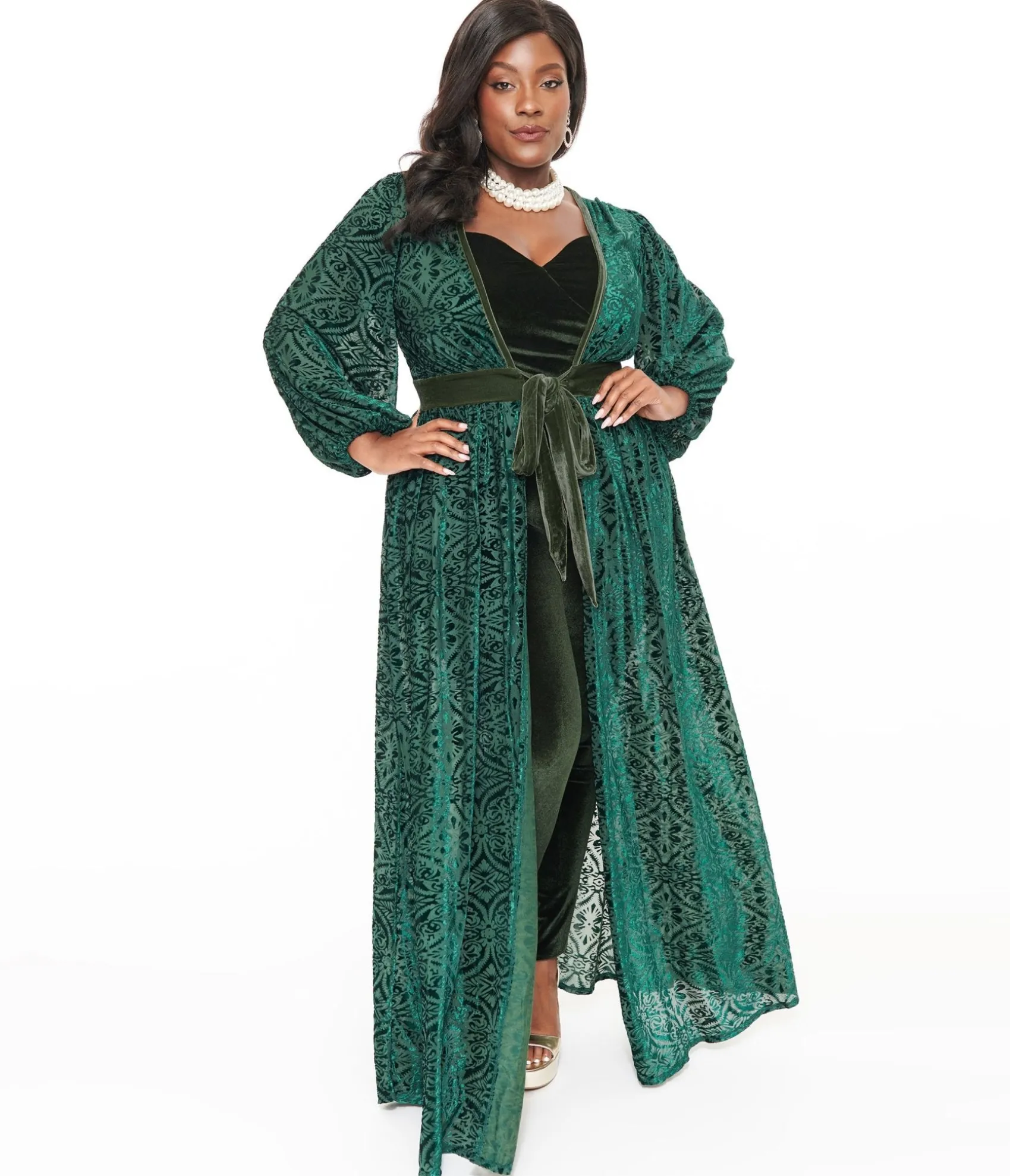 Unique Vintage Plus Size Green Velvet Burnout Hollywood Duster Sale