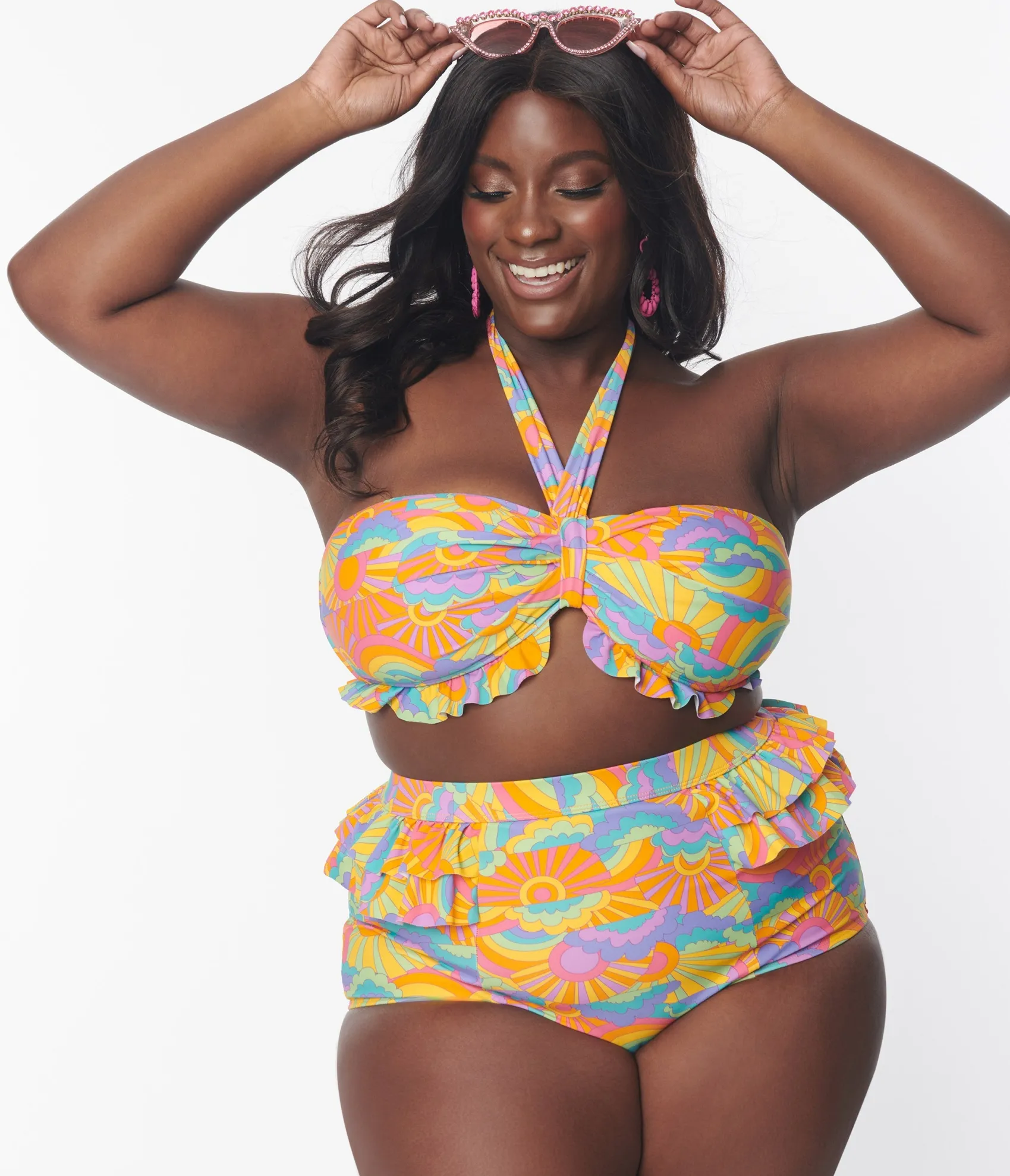 Unique Vintage Plus Size Happy Groovy Rainbow Twist Front Halter Swim Top Fashion