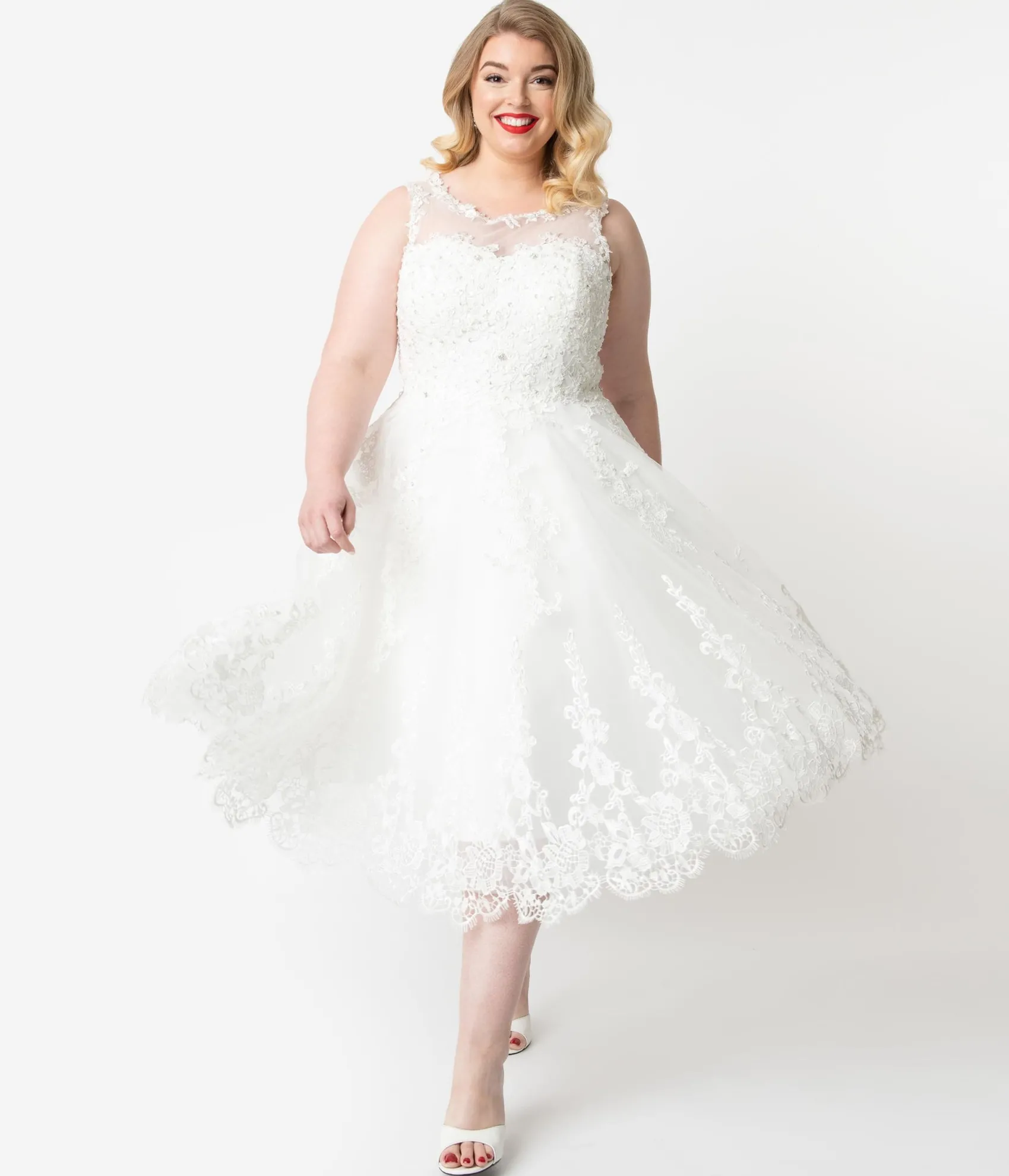 Unique Vintage Plus Size Ivory Lace & Tulle Riviera Bridal Dress Cheap