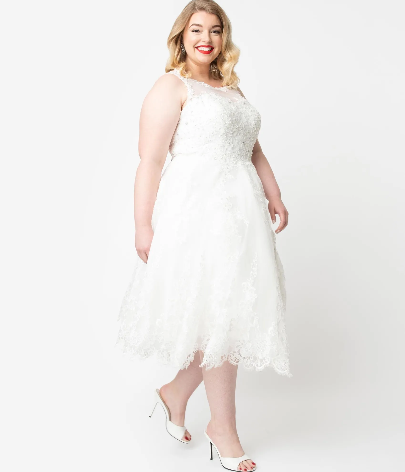 Unique Vintage Plus Size Ivory Lace & Tulle Riviera Bridal Dress Cheap