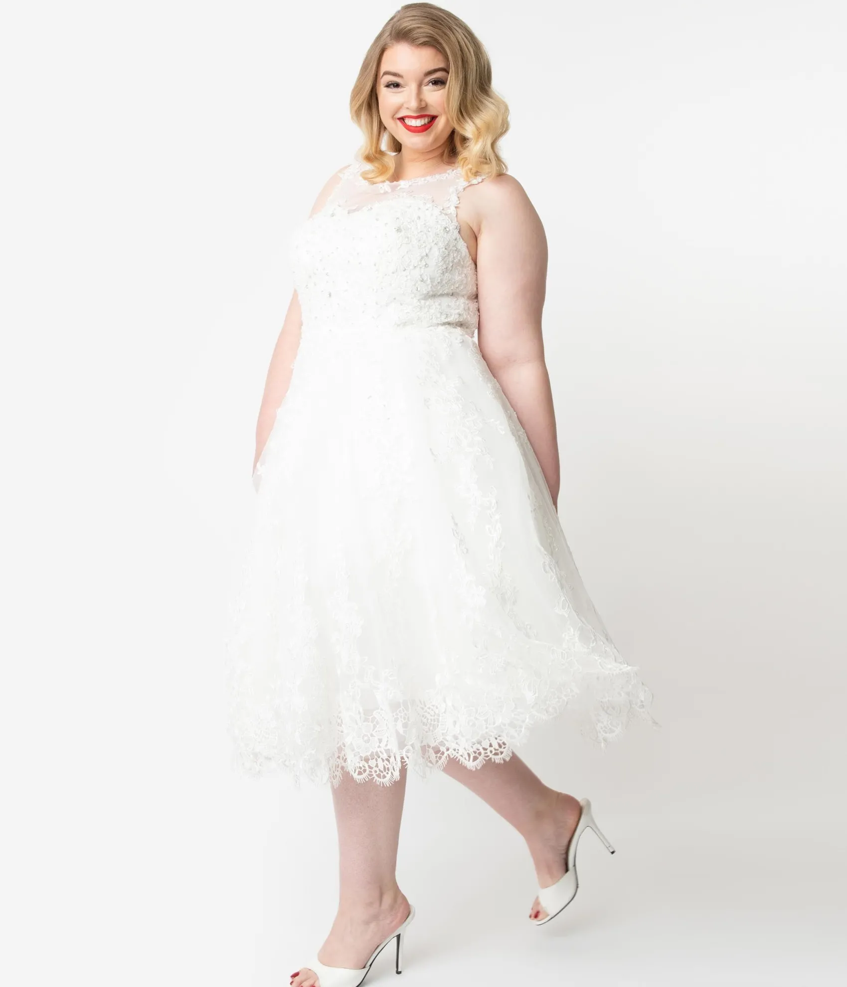 Unique Vintage Plus Size Ivory Lace & Tulle Riviera Bridal Dress Cheap