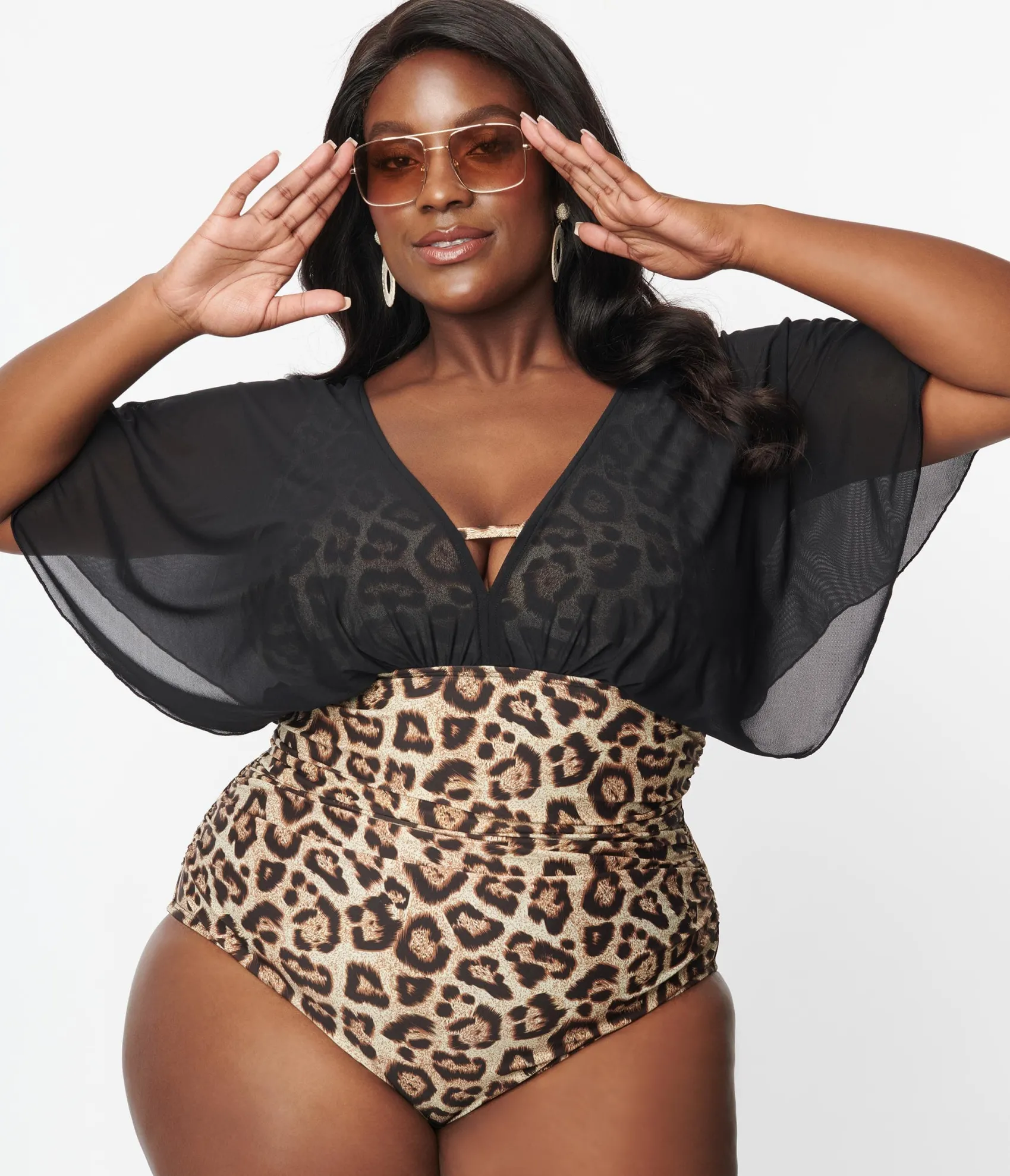Unique Vintage Plus Size Leopard & Black Mesh Sleeved Torrey Swimsuit Clearance
