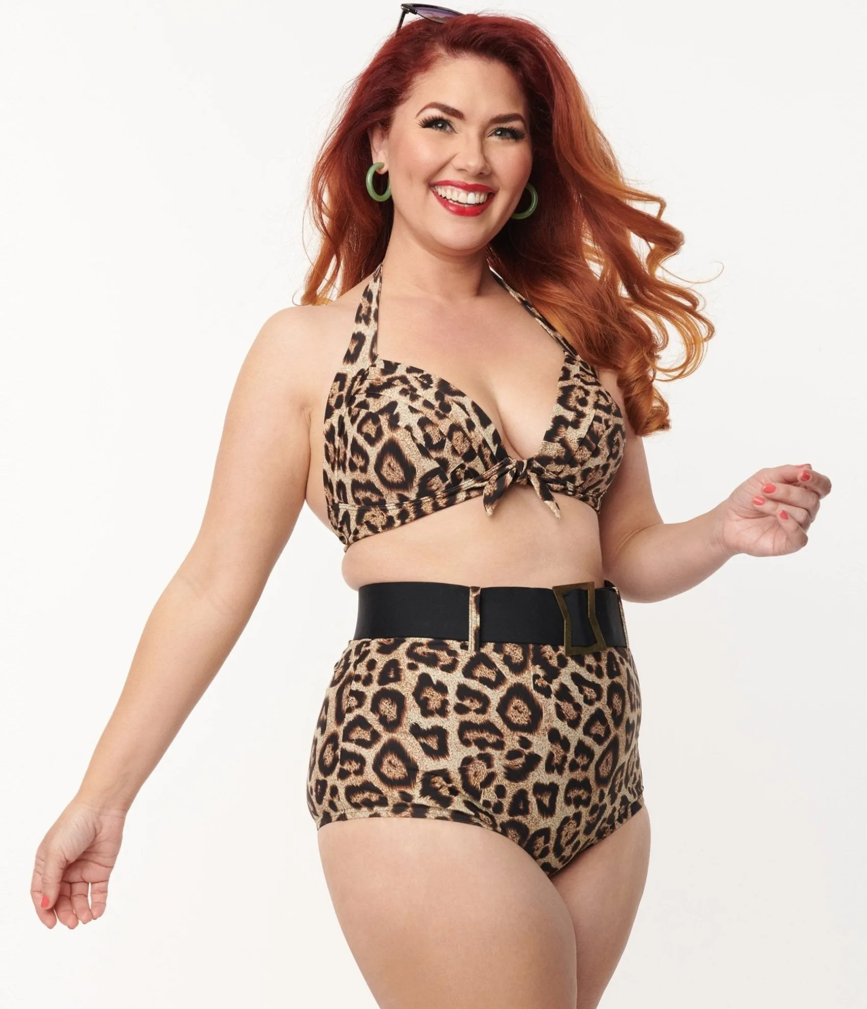 Unique Vintage Plus Size Leopard Print High Waist Belted Swim Bottom New
