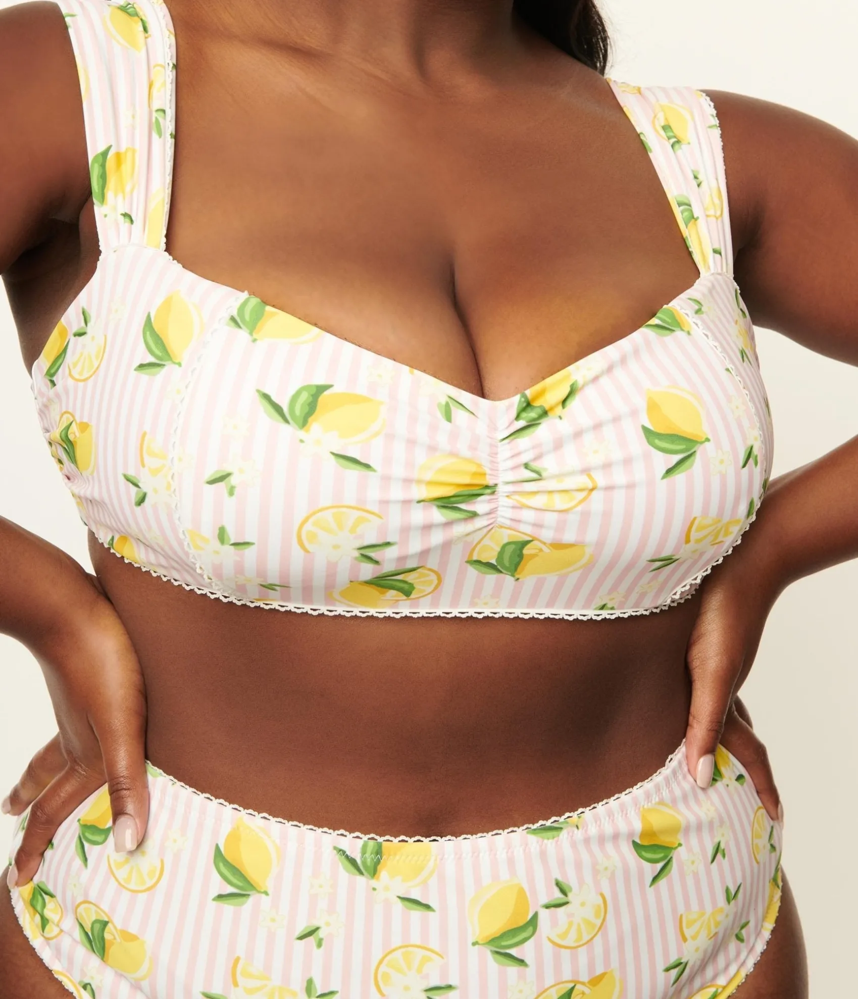 Unique Vintage Plus Size Light Pink Stripes & Lemons Ruched & Ready Swim Top Cheap