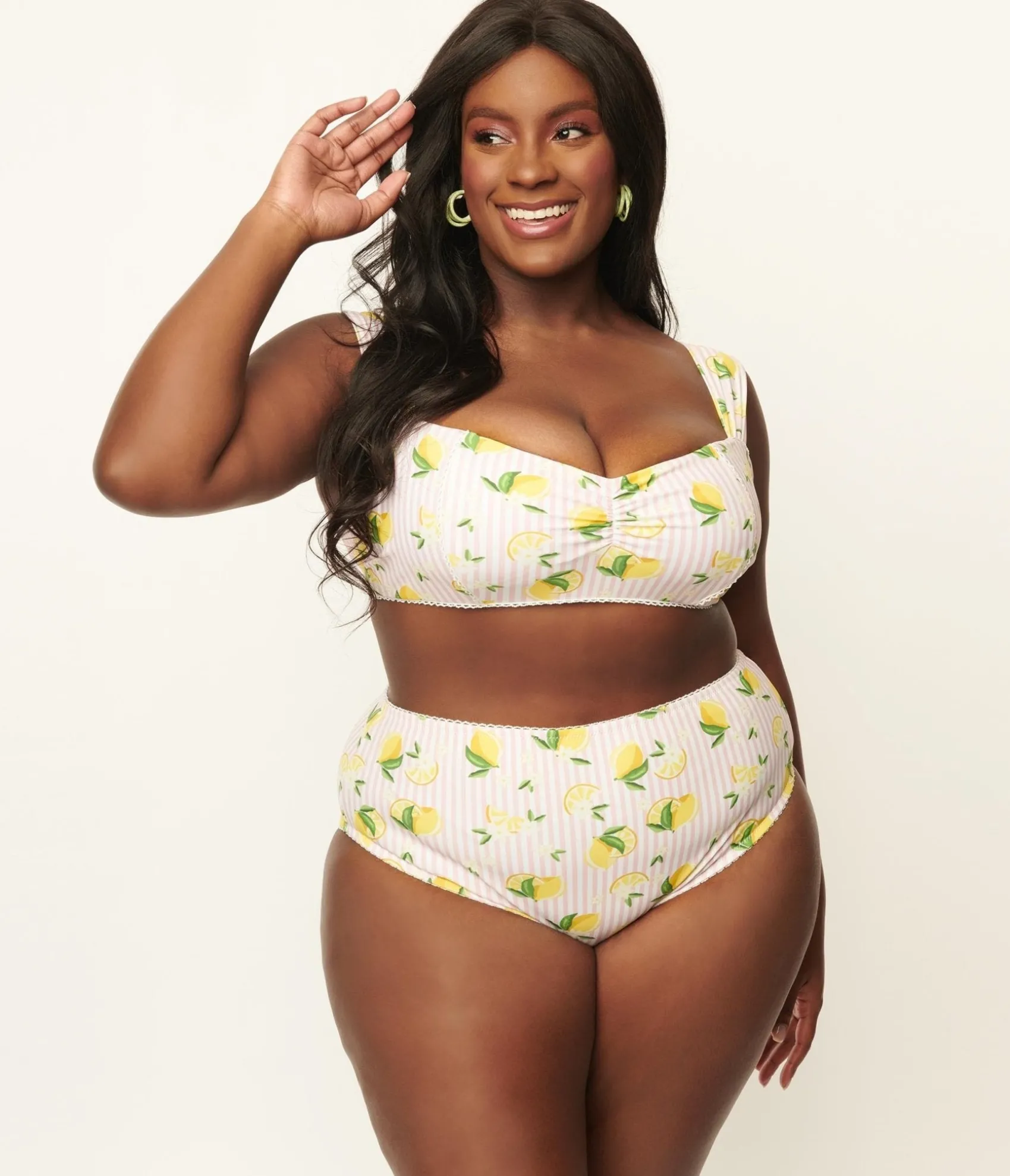 Unique Vintage Plus Size Light Pink Stripes & Lemons Ruched & Ready Swim Top Cheap