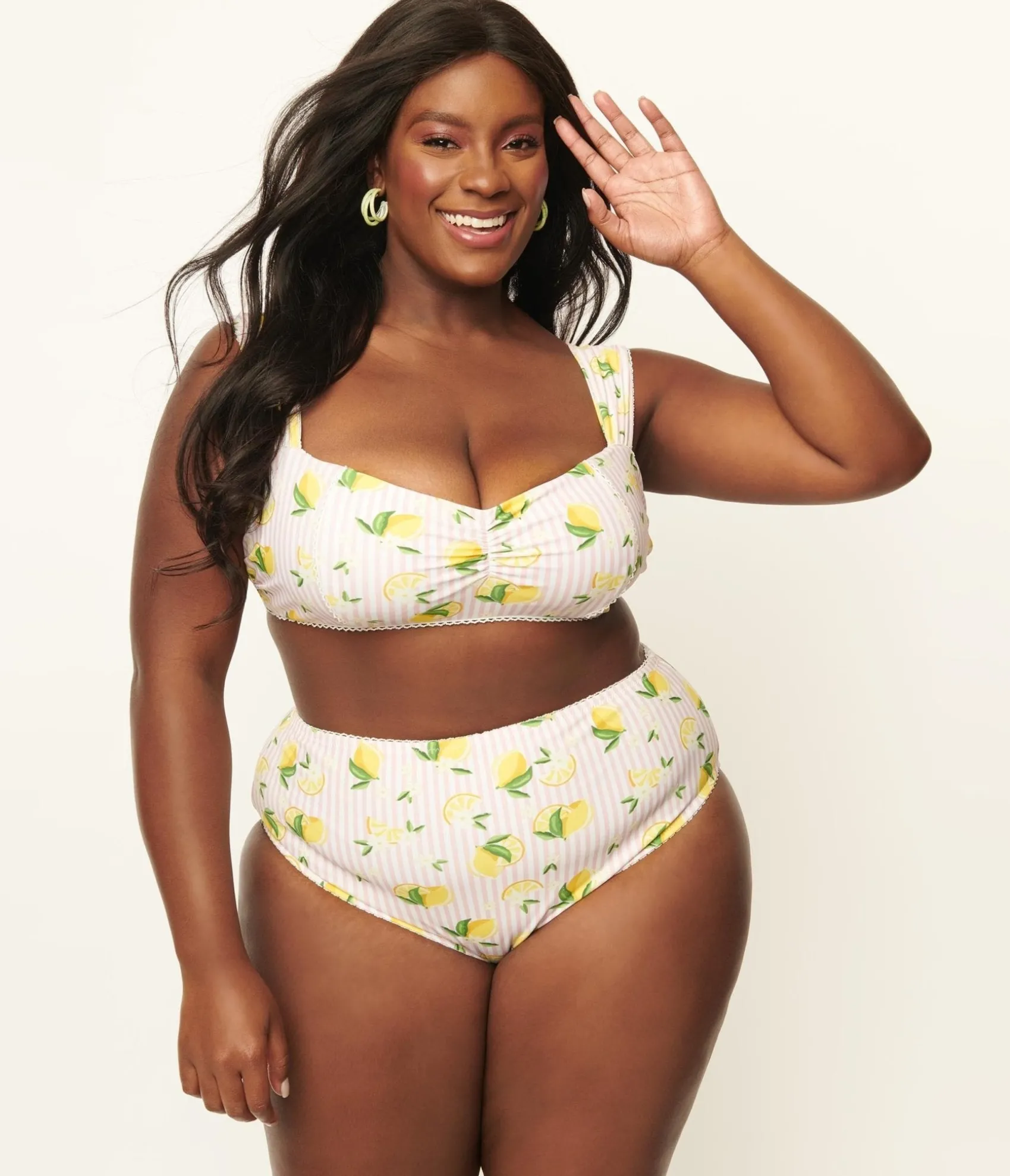 Unique Vintage Plus Size Light Pink Stripes & Lemons Ruched & Ready Swim Top Cheap
