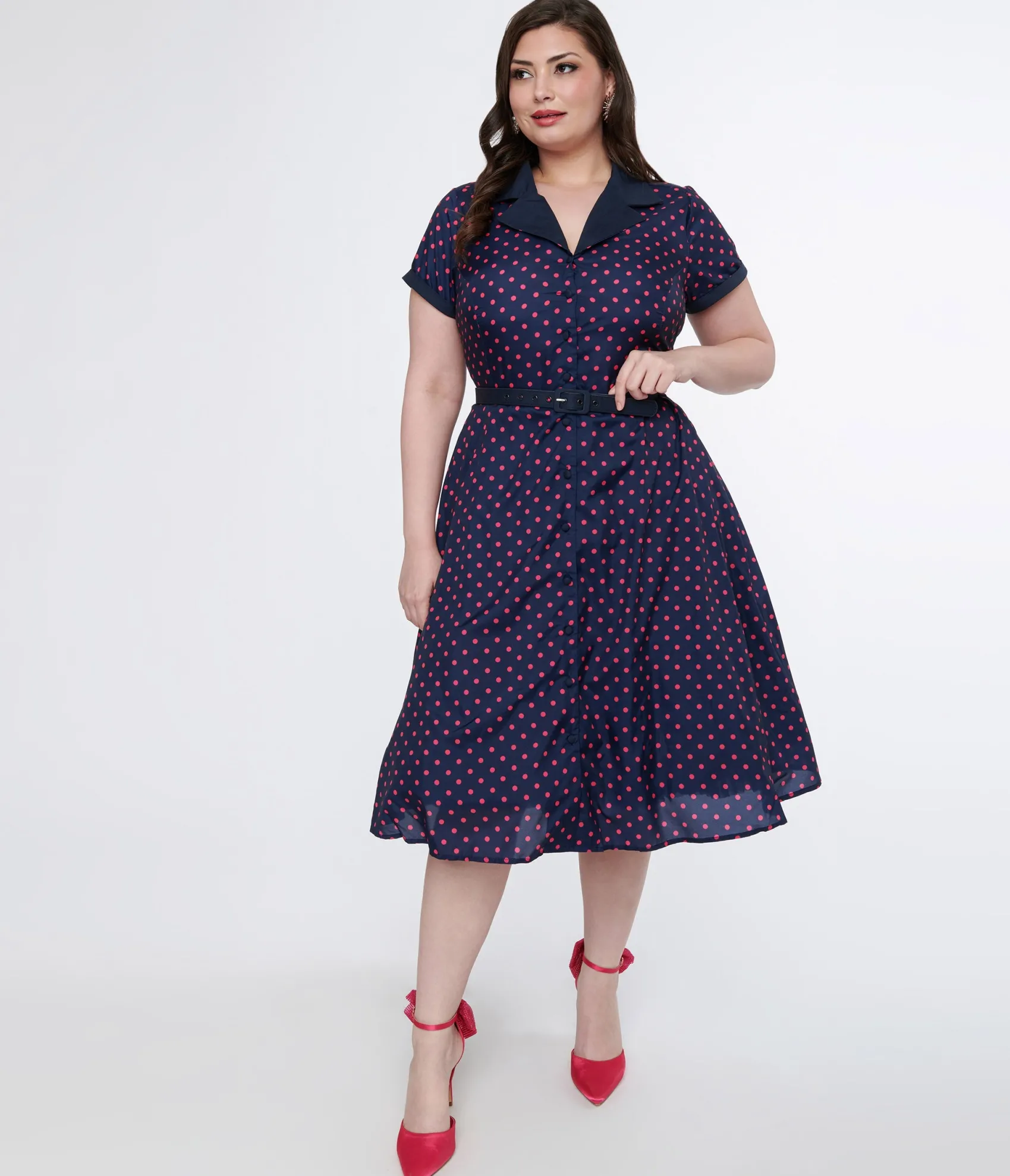 Unique Vintage Plus Size Navy & Hot Pink Dot Alexis Swing Dress Cheap
