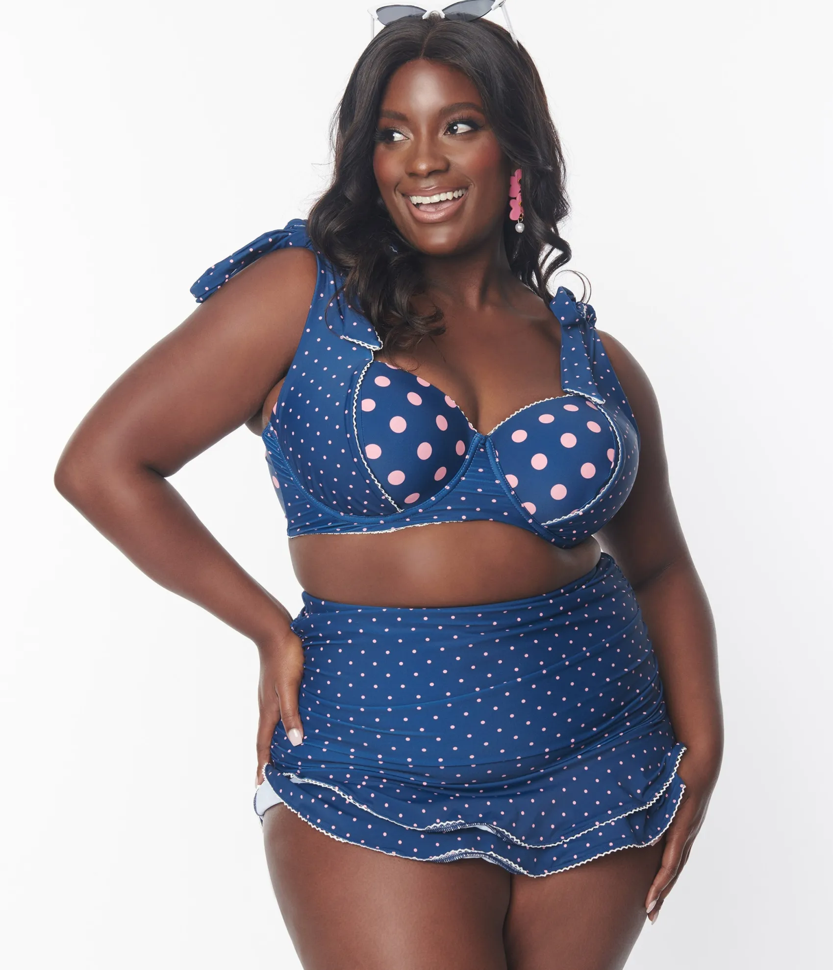 Unique Vintage Plus Size Navy & Pink Pin Dot Totally Tied Up Swim Top Best
