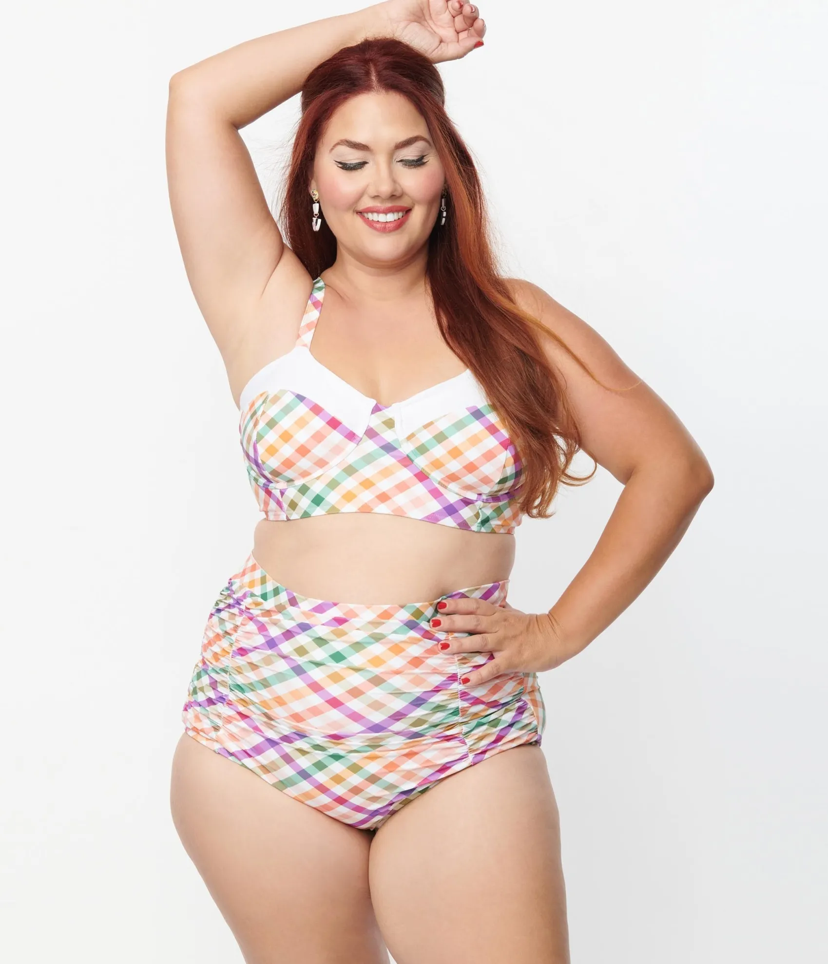 Unique Vintage Plus Size Pastel Madras Gingham Marlene Crop Swim Top Best Sale