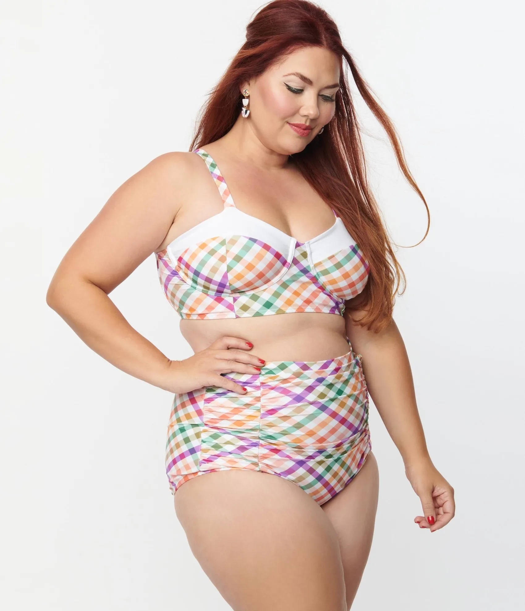 Unique Vintage Plus Size Pastel Madras Gingham Marlene Crop Swim Top Best Sale