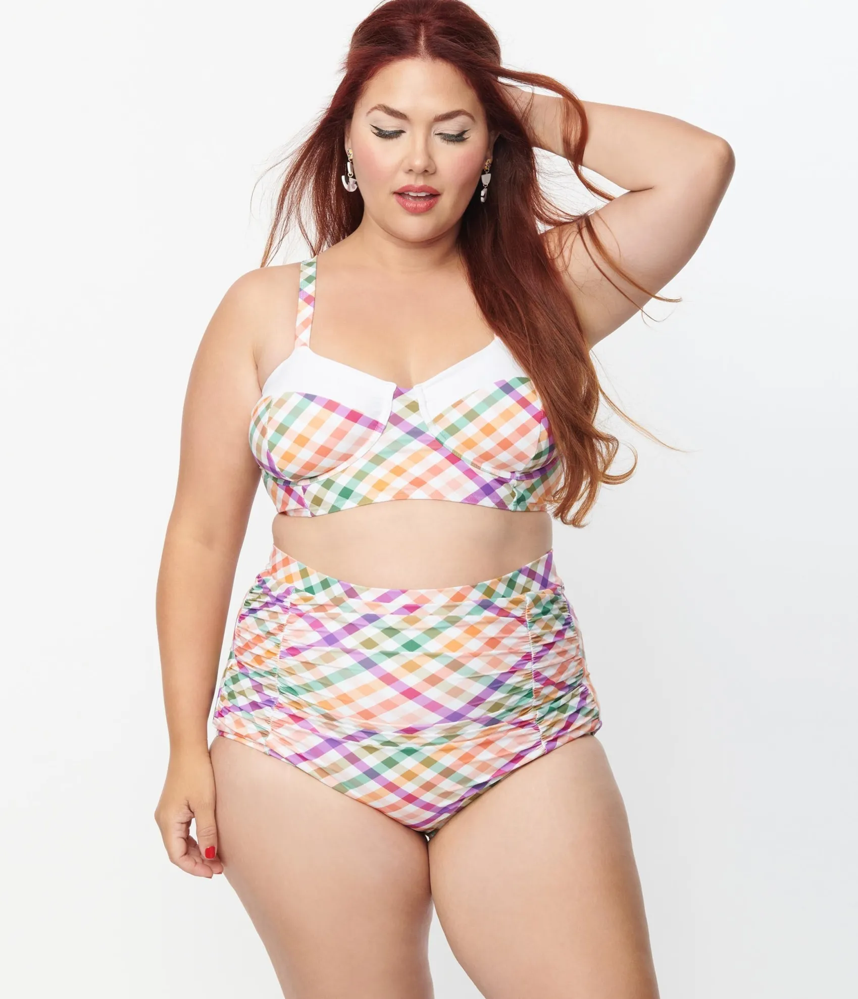 Unique Vintage Plus Size Pastel Madras Gingham Marlene Crop Swim Top Best Sale