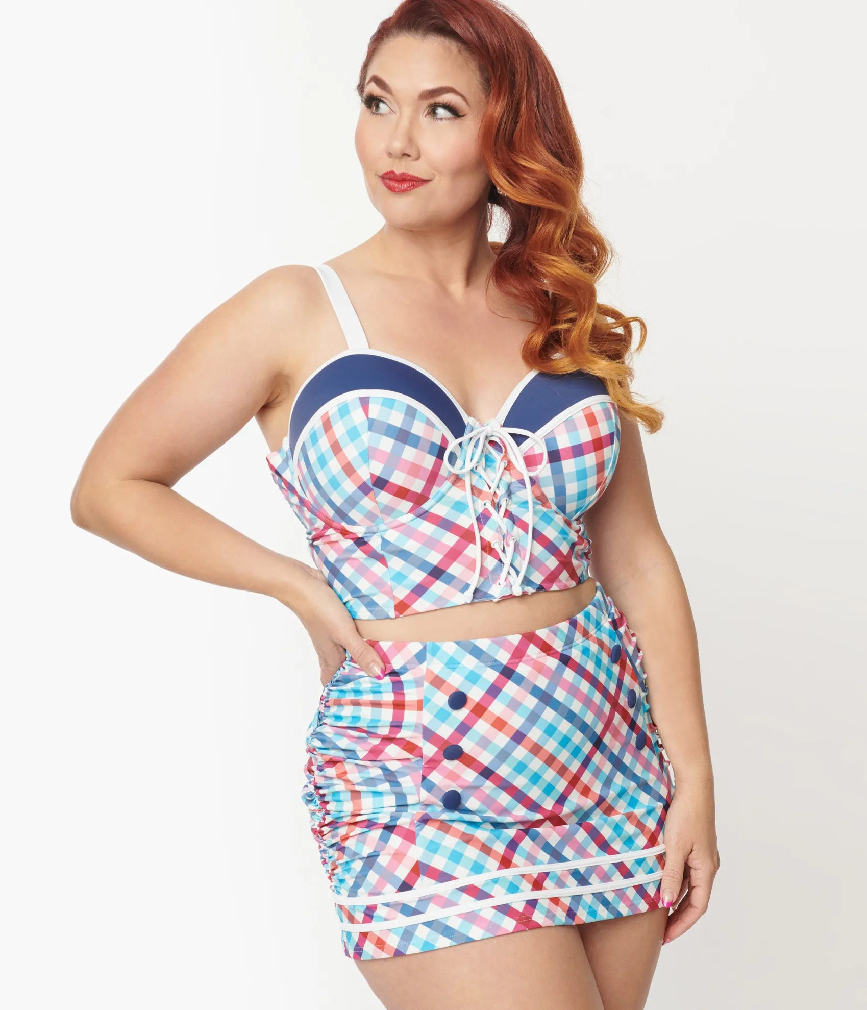 Unique Vintage Plus Size Pastel Madras Plaid Lace Up Swim Top Shop