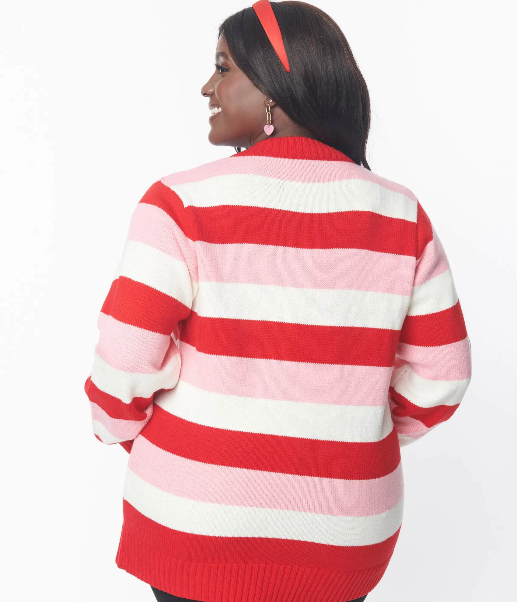 Unique Vintage Plus Size Pink & Red Striped Crochet Hearts Cardigan Clearance