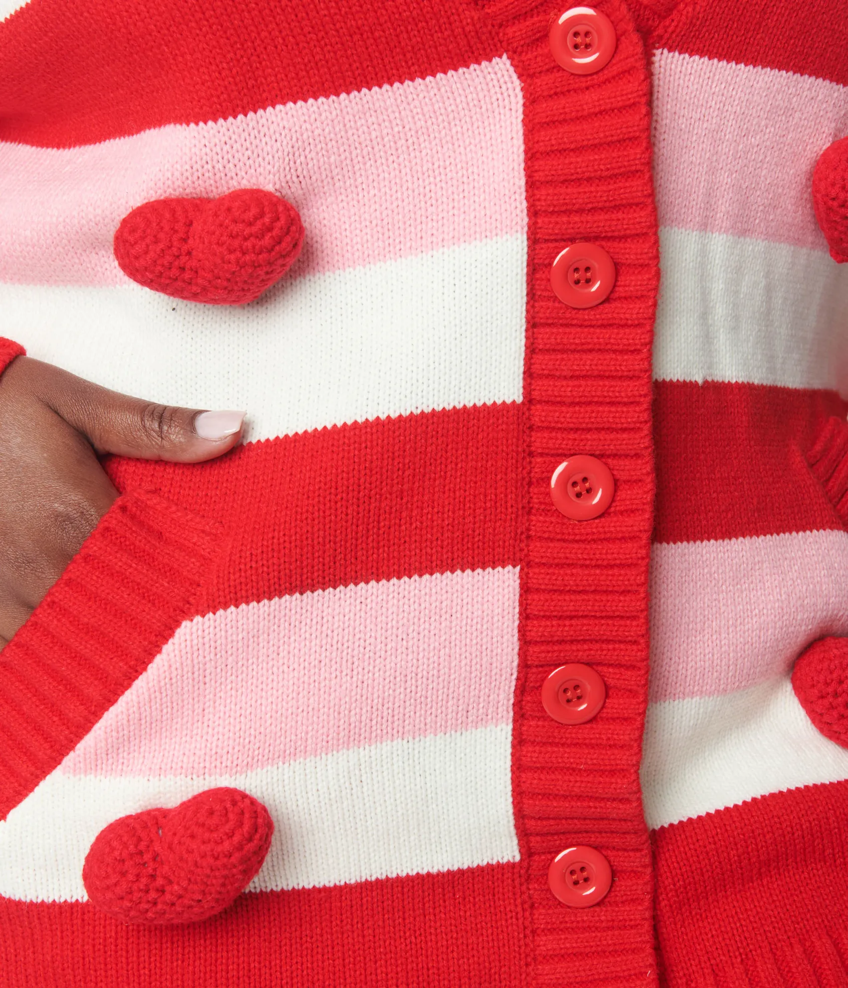 Unique Vintage Plus Size Pink & Red Striped Crochet Hearts Cardigan Clearance