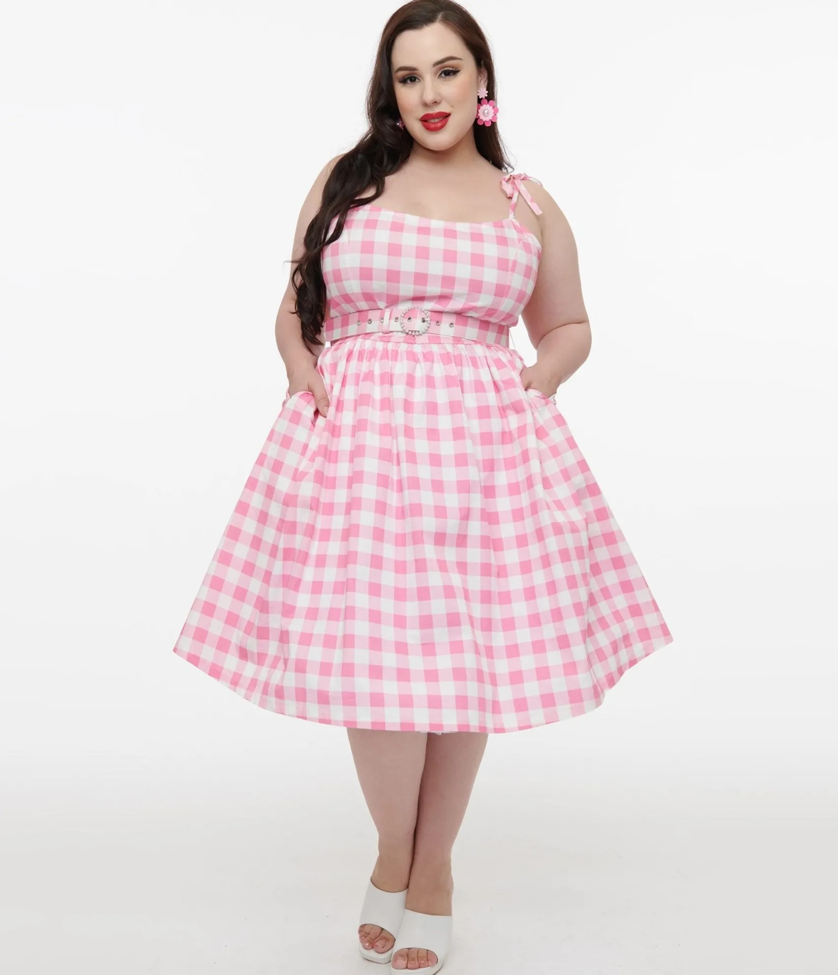 Unique Vintage Plus Size Pink & White Gingham Bobbie Swing Dress Best