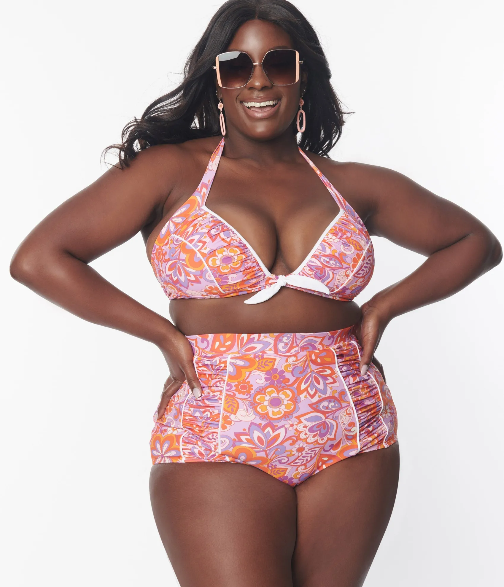 Unique Vintage Plus Size Purple & Orange Bohemian Floral Print Halter Swim Top Best Sale